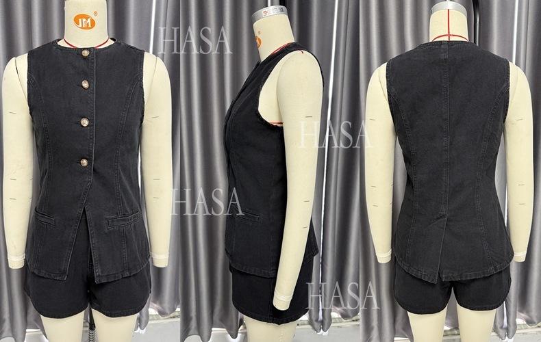 HASA HS6097 Women’s Button Front Denim Top with Matching Shorts
