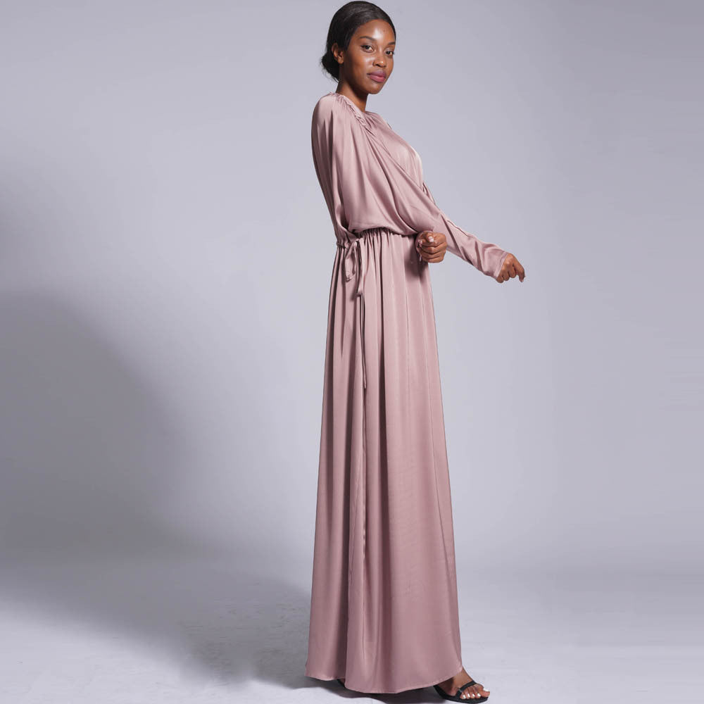 HS0435 Summer style front and back drawstring temperament dress solid color raglan sleeves ladies long skirt