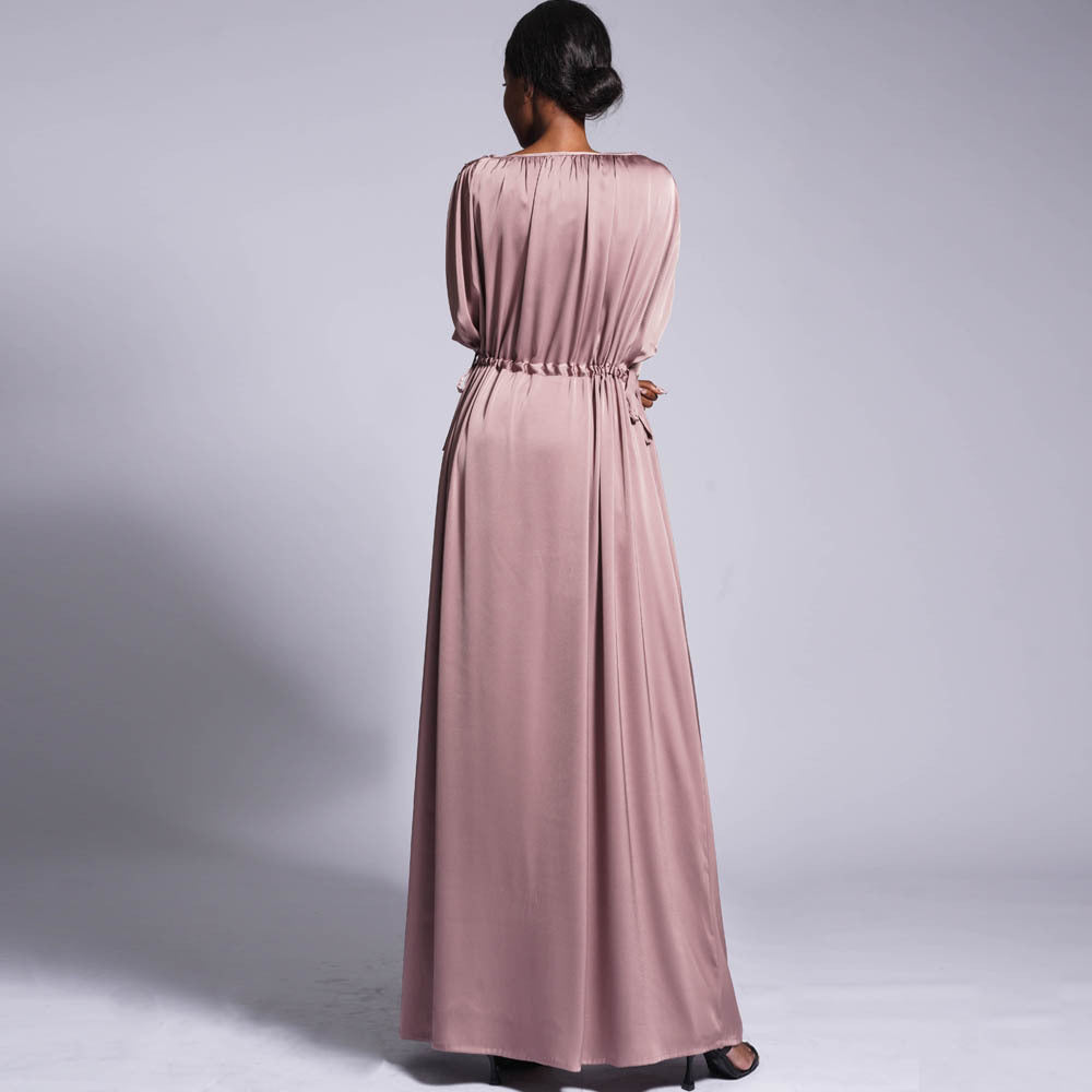 HS0435 Summer style front and back drawstring temperament dress solid color raglan sleeves ladies long skirt