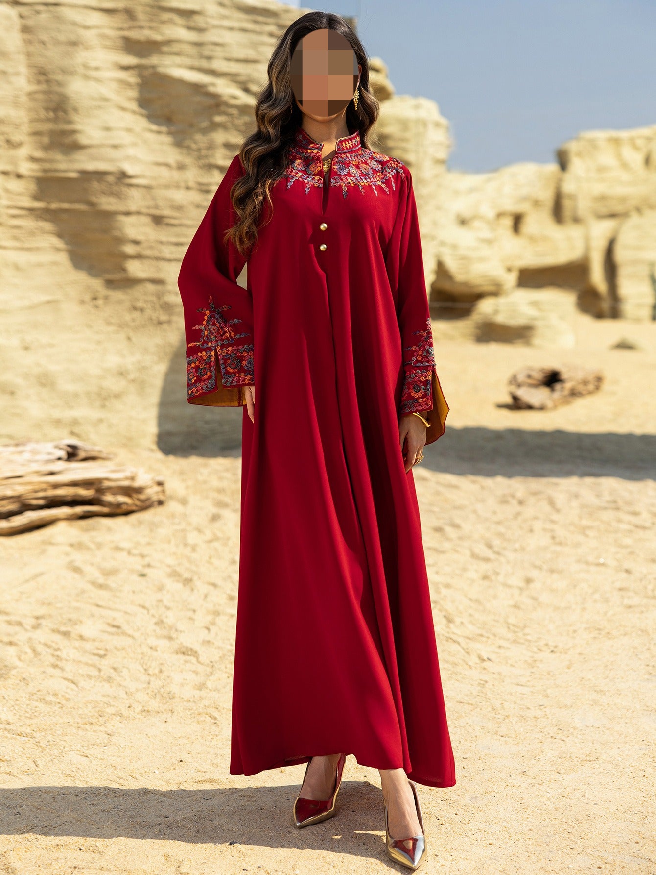 HS6655 Embroidered loose-fitting long dress | Soft drape and delicate cuff design