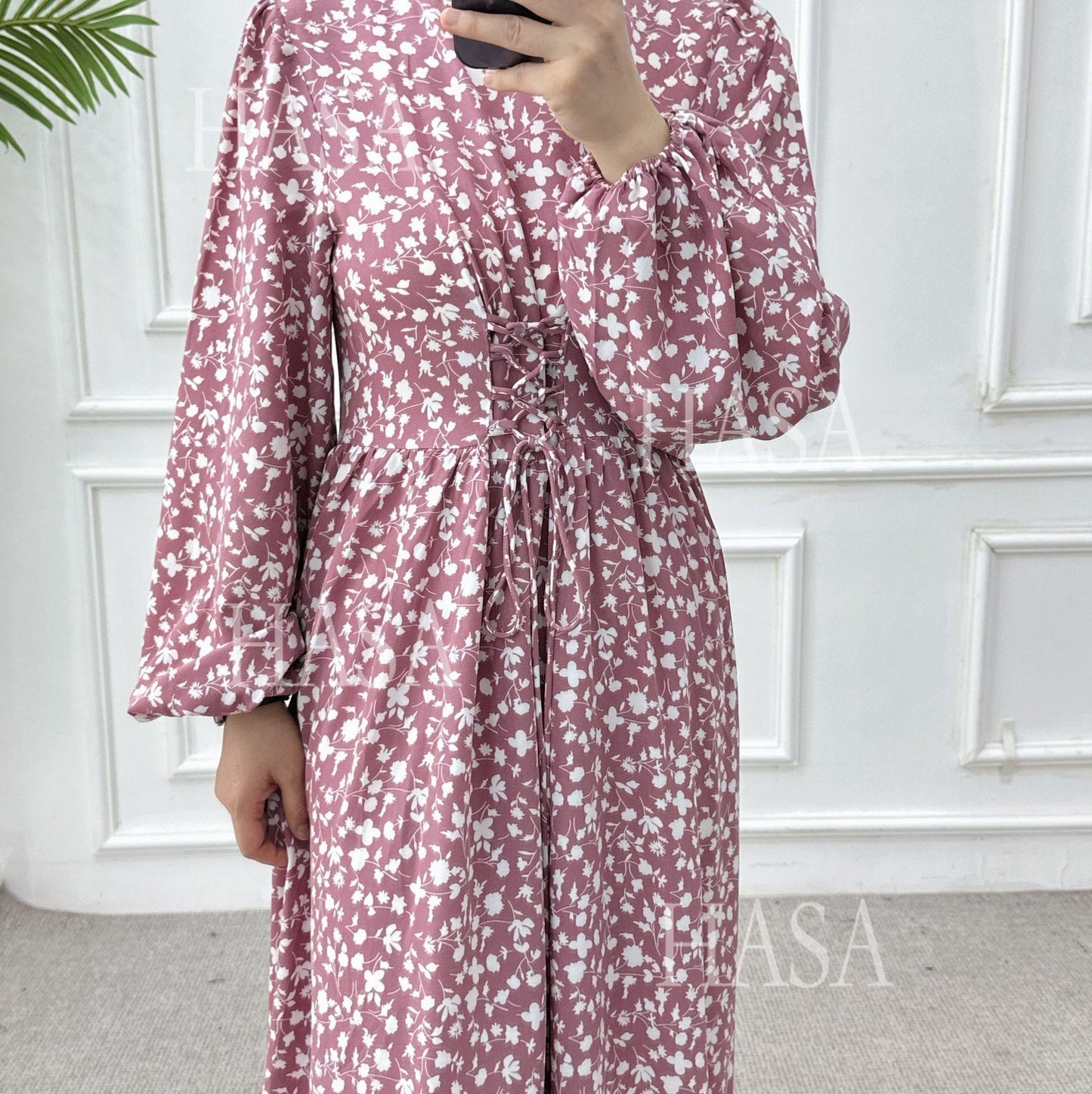 HS6489 Long-sleeved Floral Maxi Dress with Natural Waist