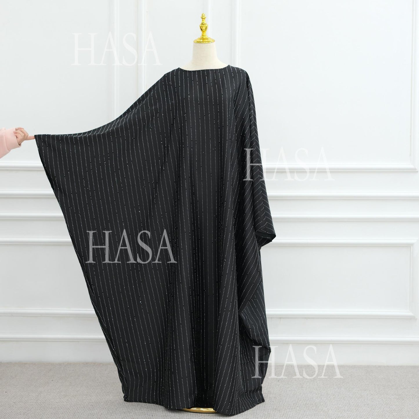 HS6483 Drape Rhinestone Gown with Simple Wide Sleeves