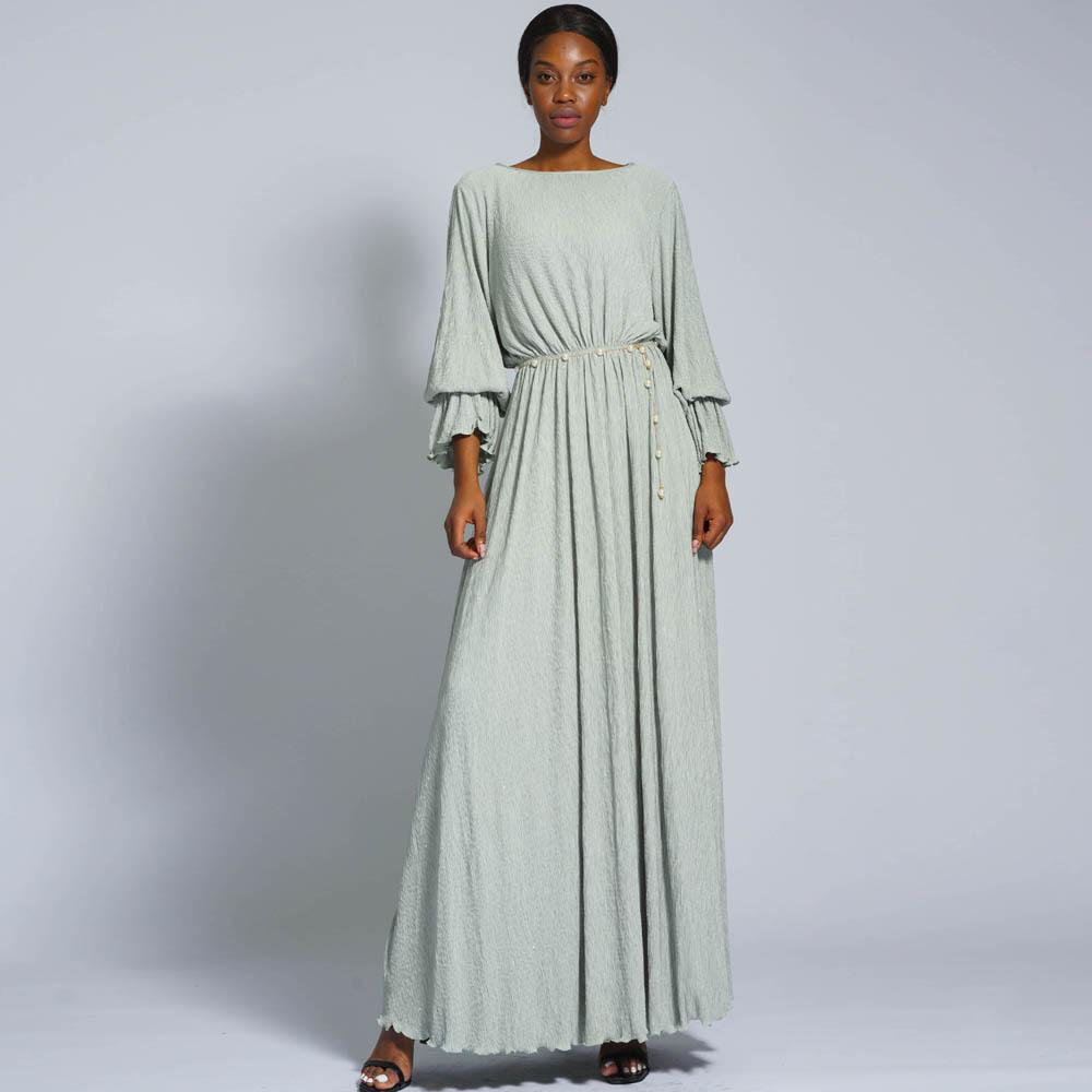 HS0434 Robe longue froissée extensible pour femmes musulmanes, couleur unie, manches cloches