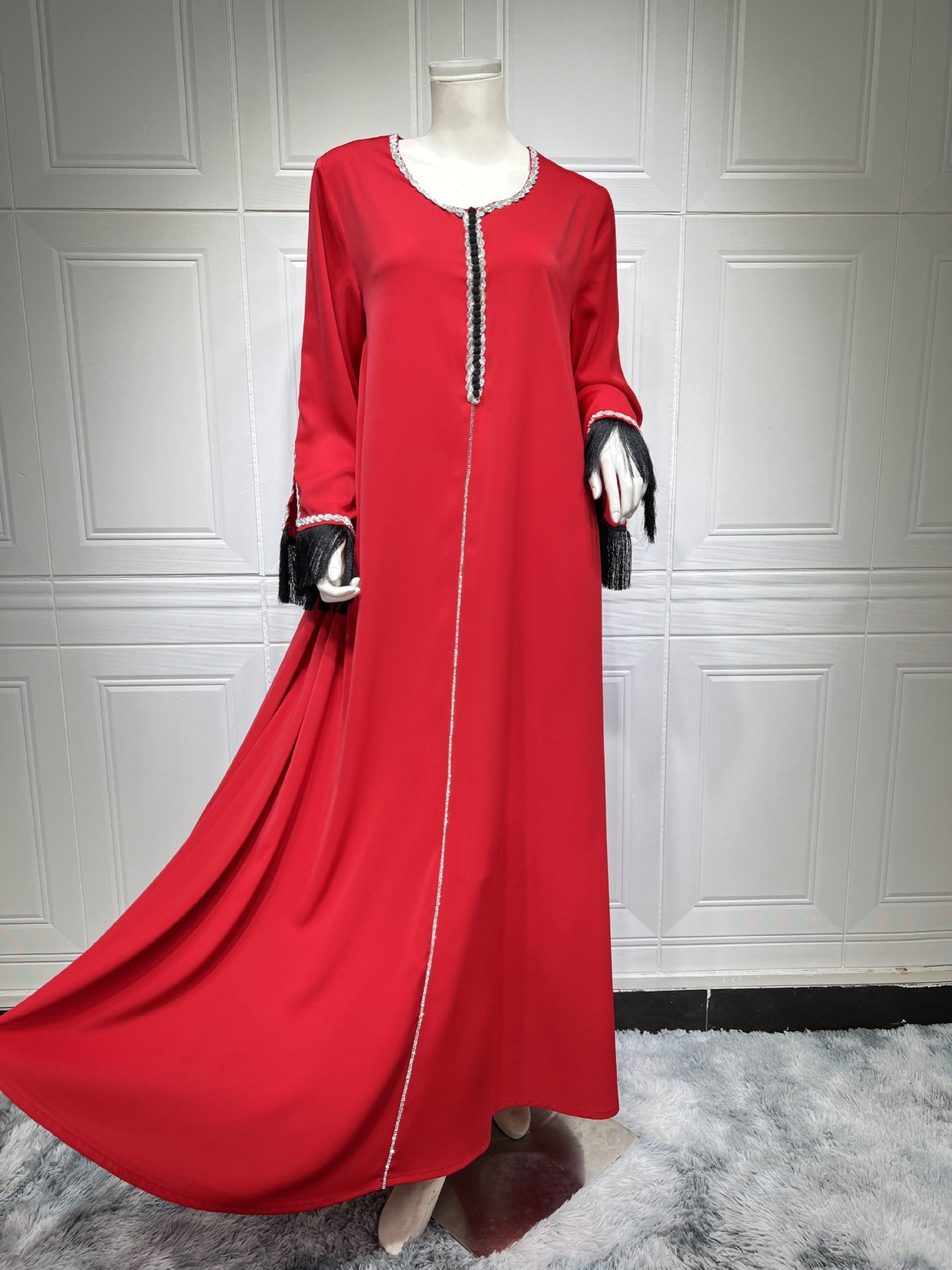 فستان نسائي مسلم HS0440 مزين بالماس بتصميم عصري من الفسيفساء مع شرابات