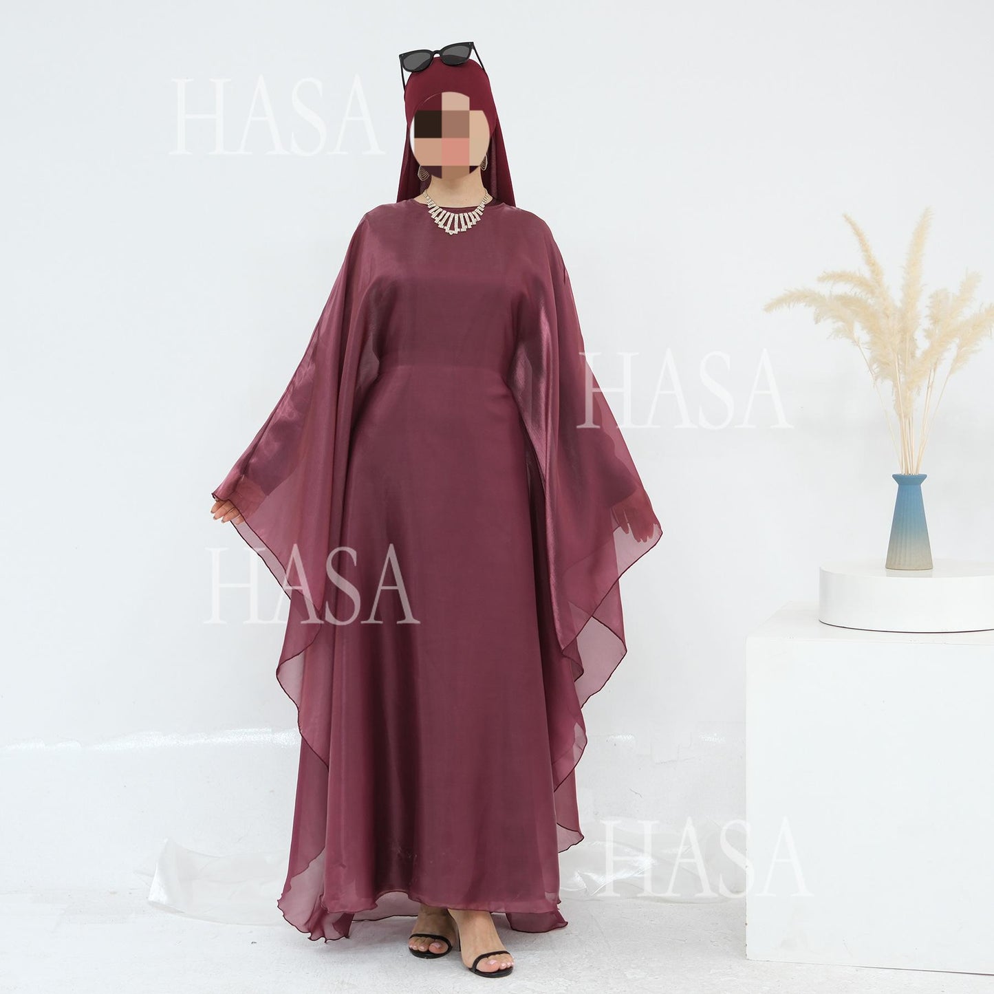 HS6524 Elegant two-piece solid-color robe and dress with optional headscarf