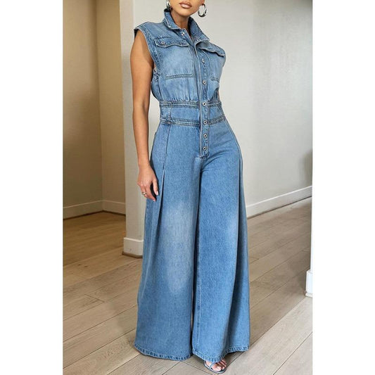 HASASERIES HS6399 Women's New Casual Sleeveless Denim Jumpsuit with Wide Legs