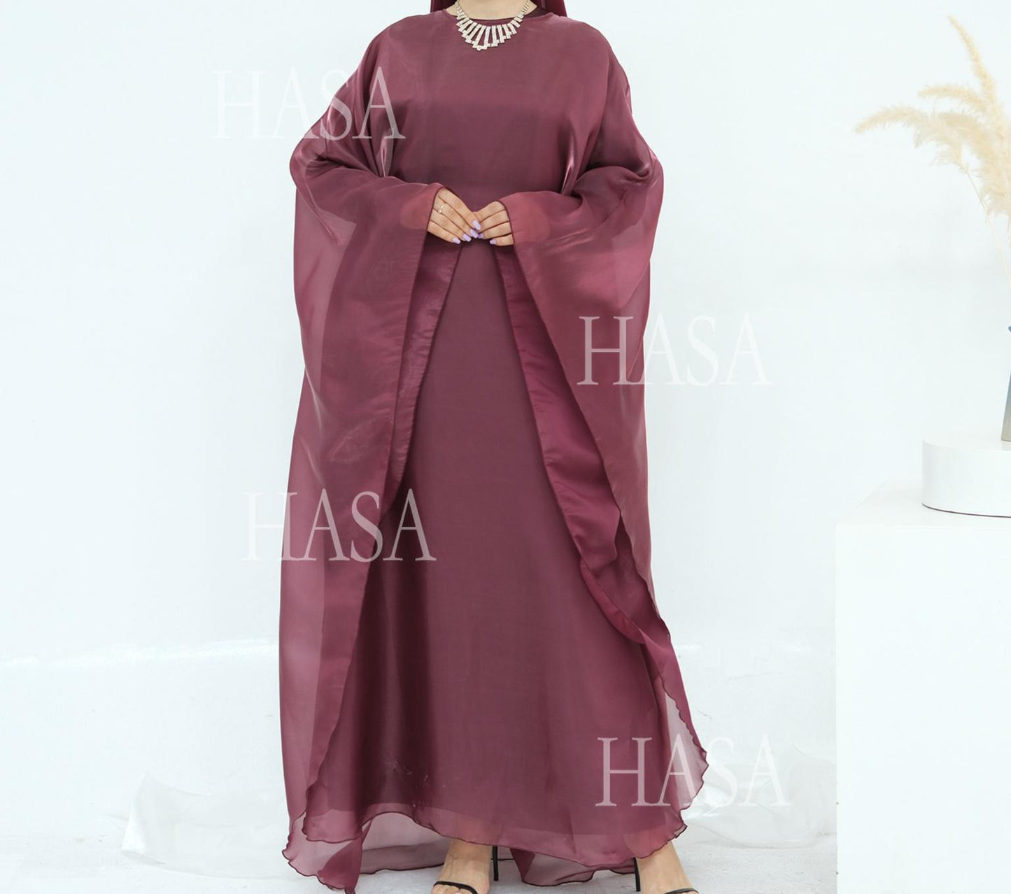 HS6524 Elegant two-piece solid-color robe and dress with optional headscarf