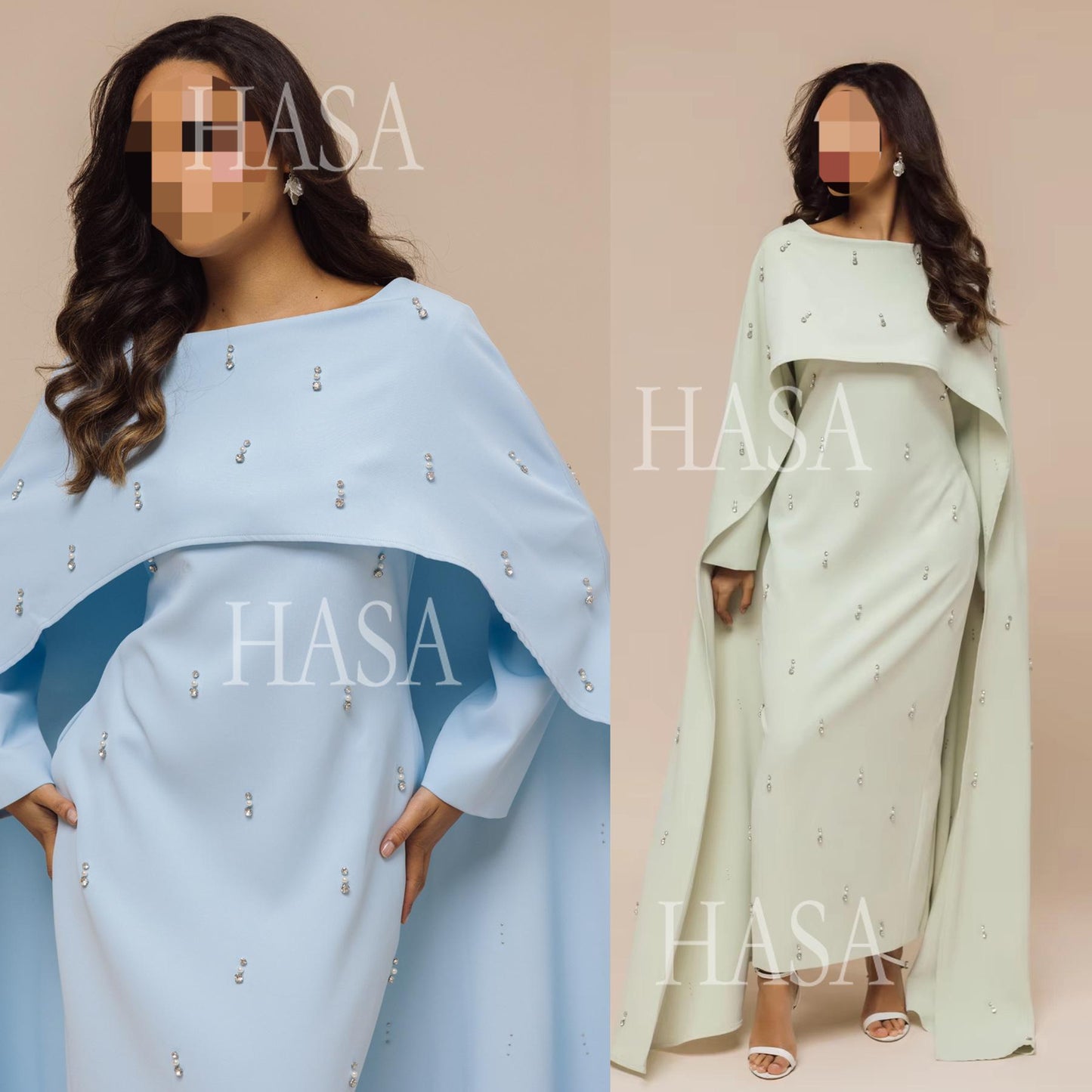 HS6505 Solid color beaded long dress with fake two-piece design