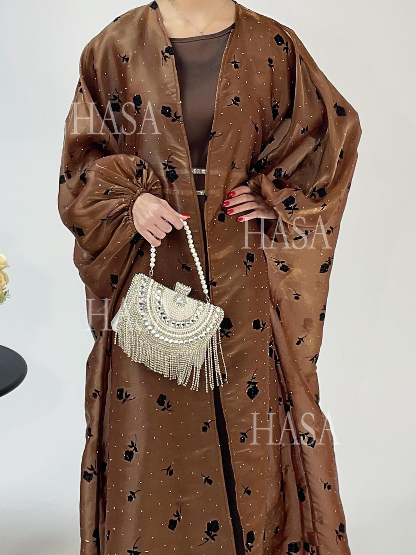 HS6536 Elegant Rose Pattern Abaya Outer Dress Set