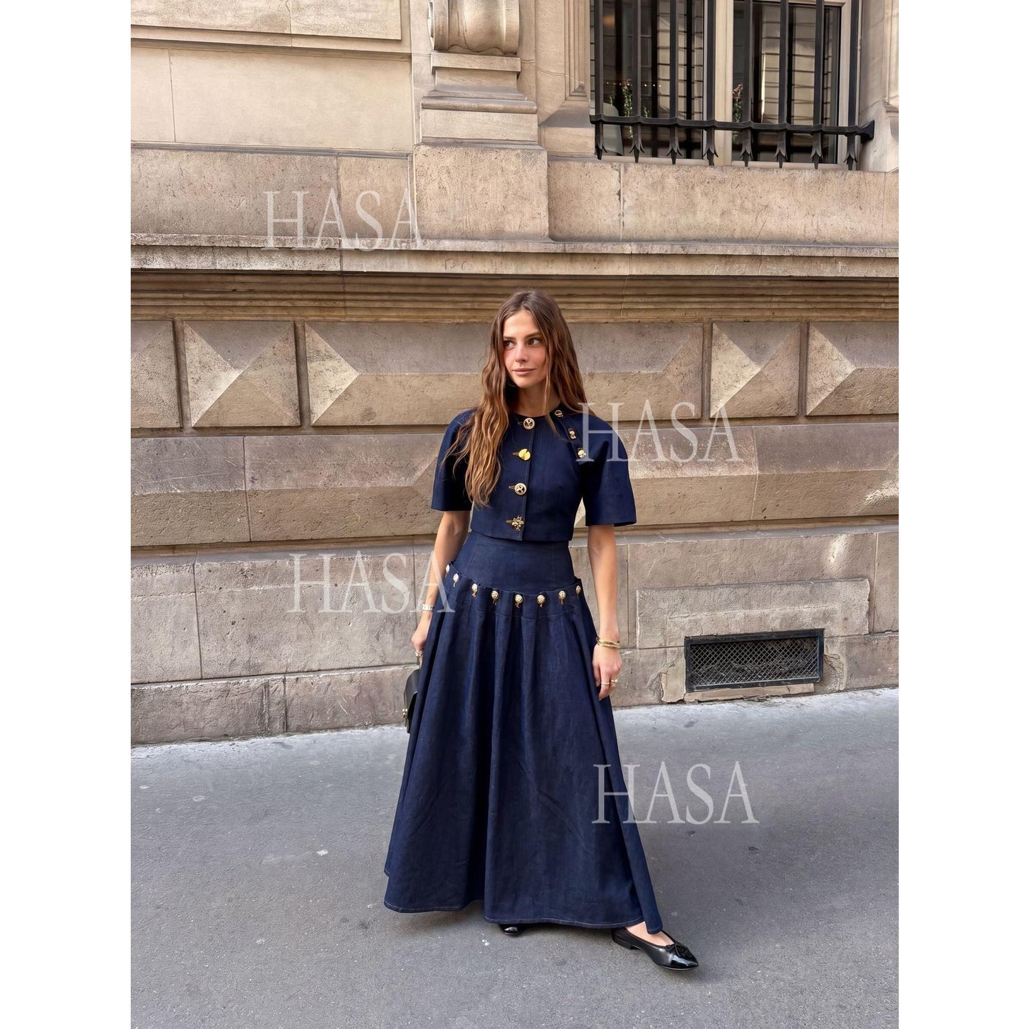 HASA HS6786 Luxury Look Dark Wash Denim Crop Top and Long Skirt Outfit