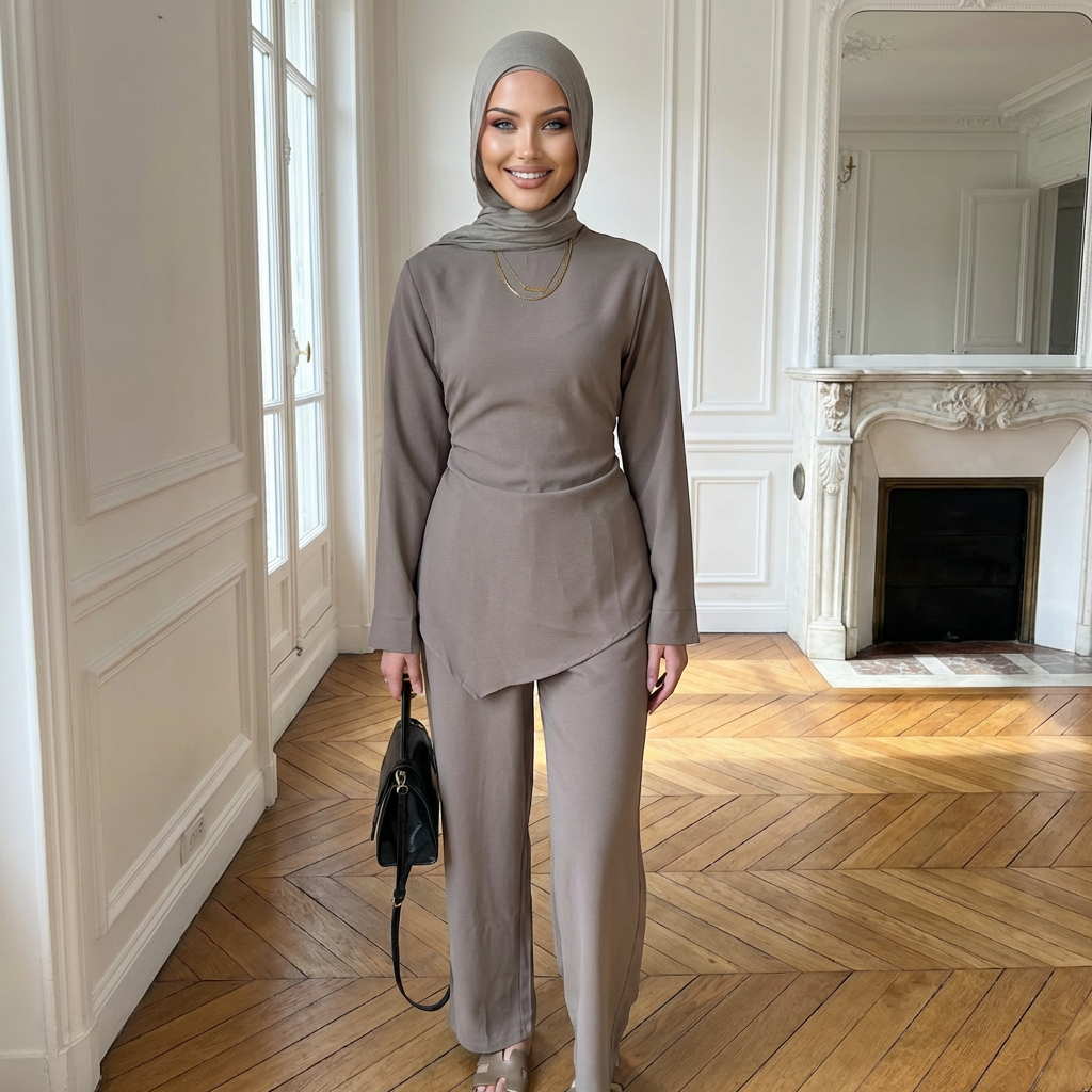 HS6614 Modest Nida Two-Piece Set with Waist Tie & Pocket Trousers