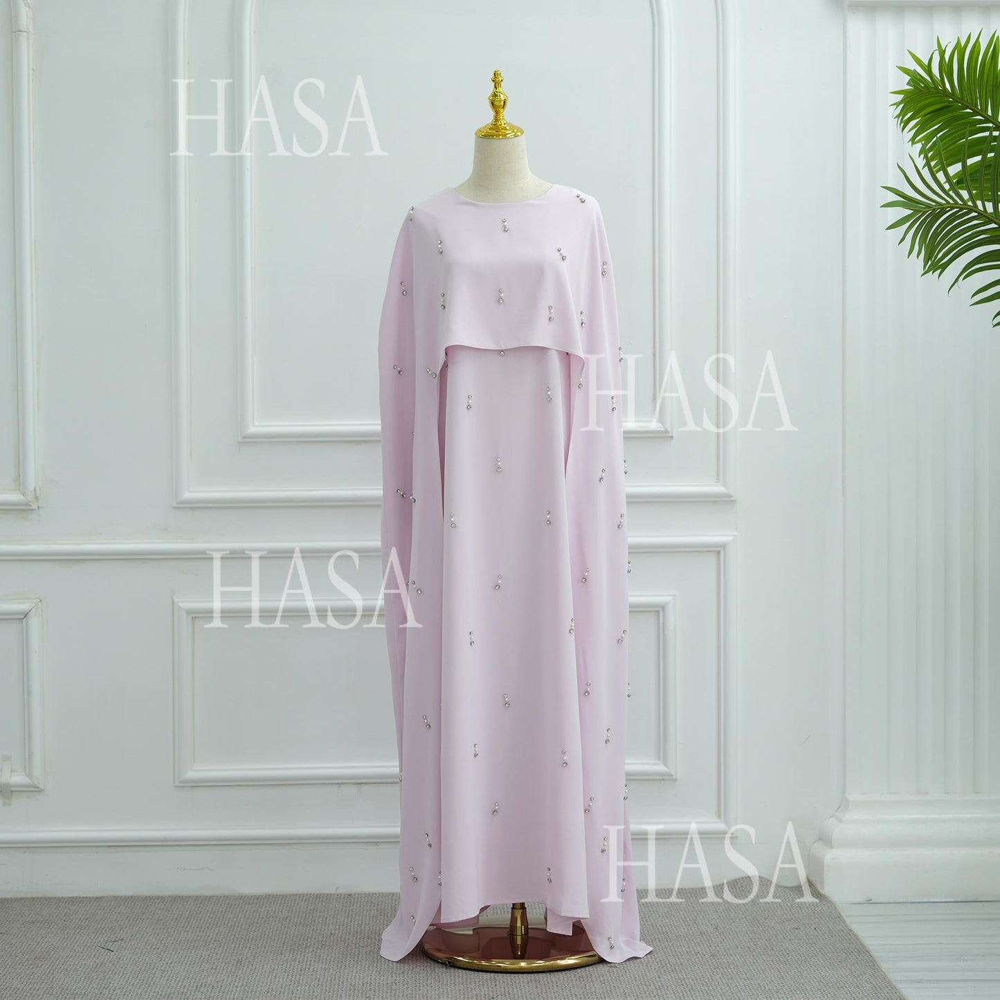 HS6505 Solid color beaded long dress with fake two-piece design