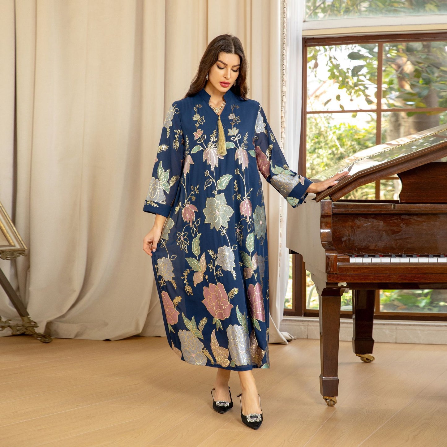 HS6649 Sequined Embroidered Tassel Long Robe, Elegant and Sophisticated Dress