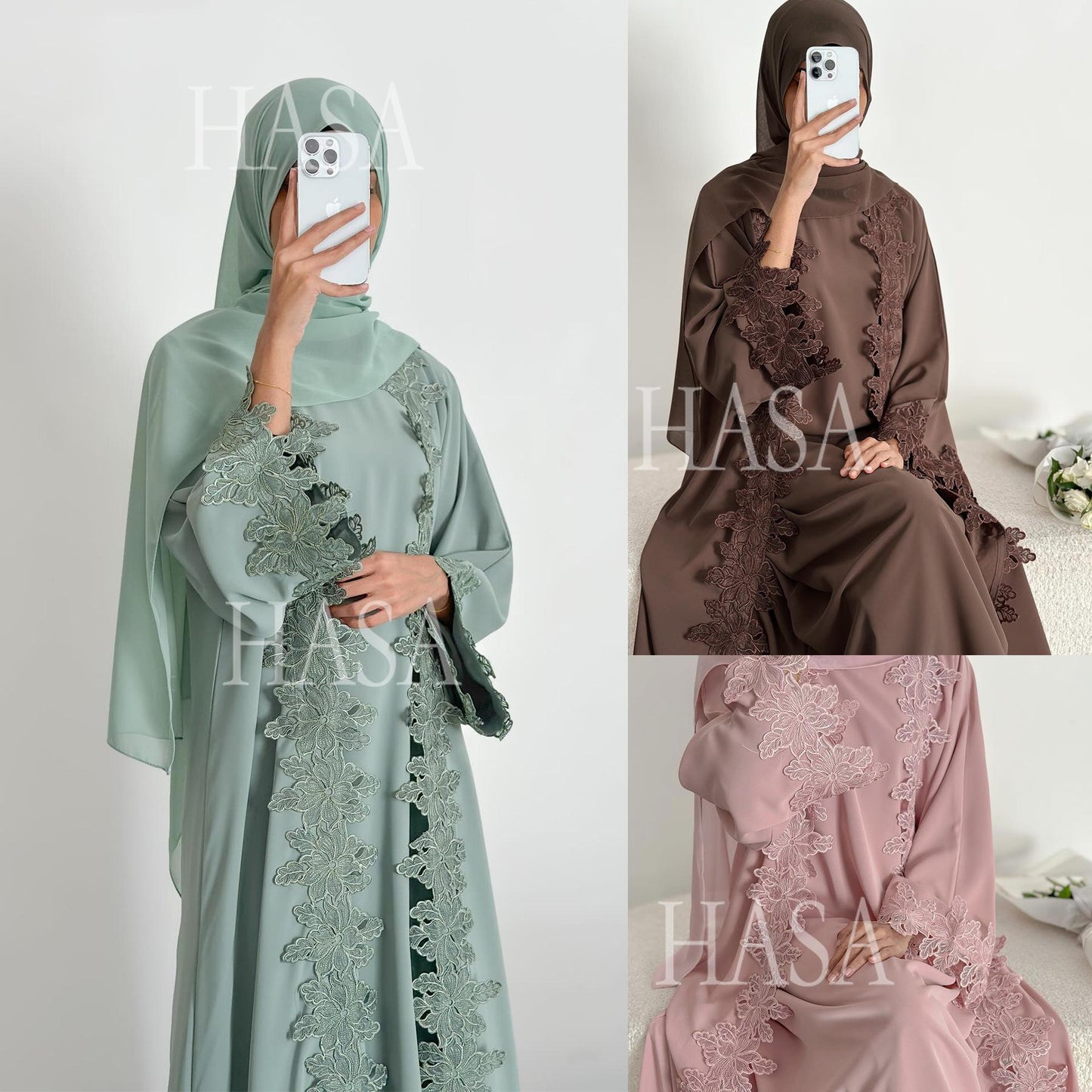 HASA HS6780 Chic Floral Embroidered Open Abaya Two Piece Outfit
