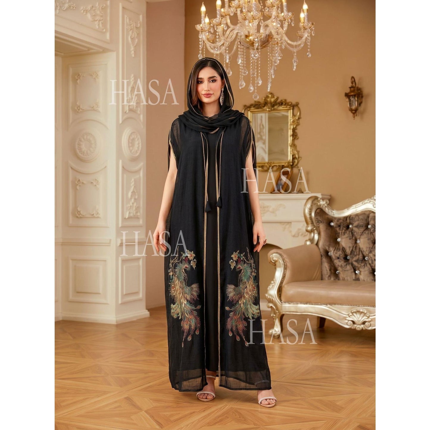 HASA HS6763 Elegant Tassel Hooded Maxi Ensemble