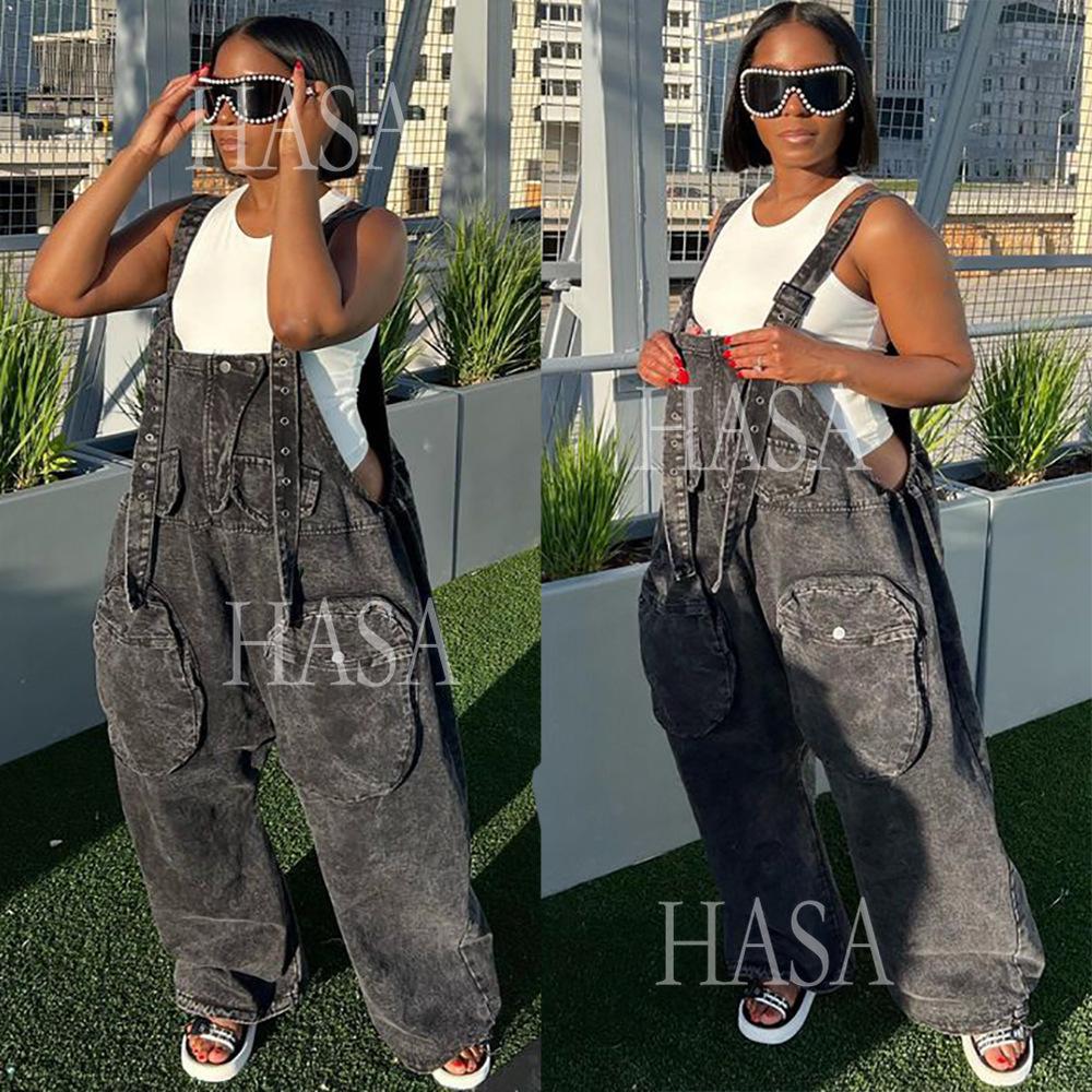 HASA HS4518 Bold Streetwear Split Leg Denim Jumpsuit Pants