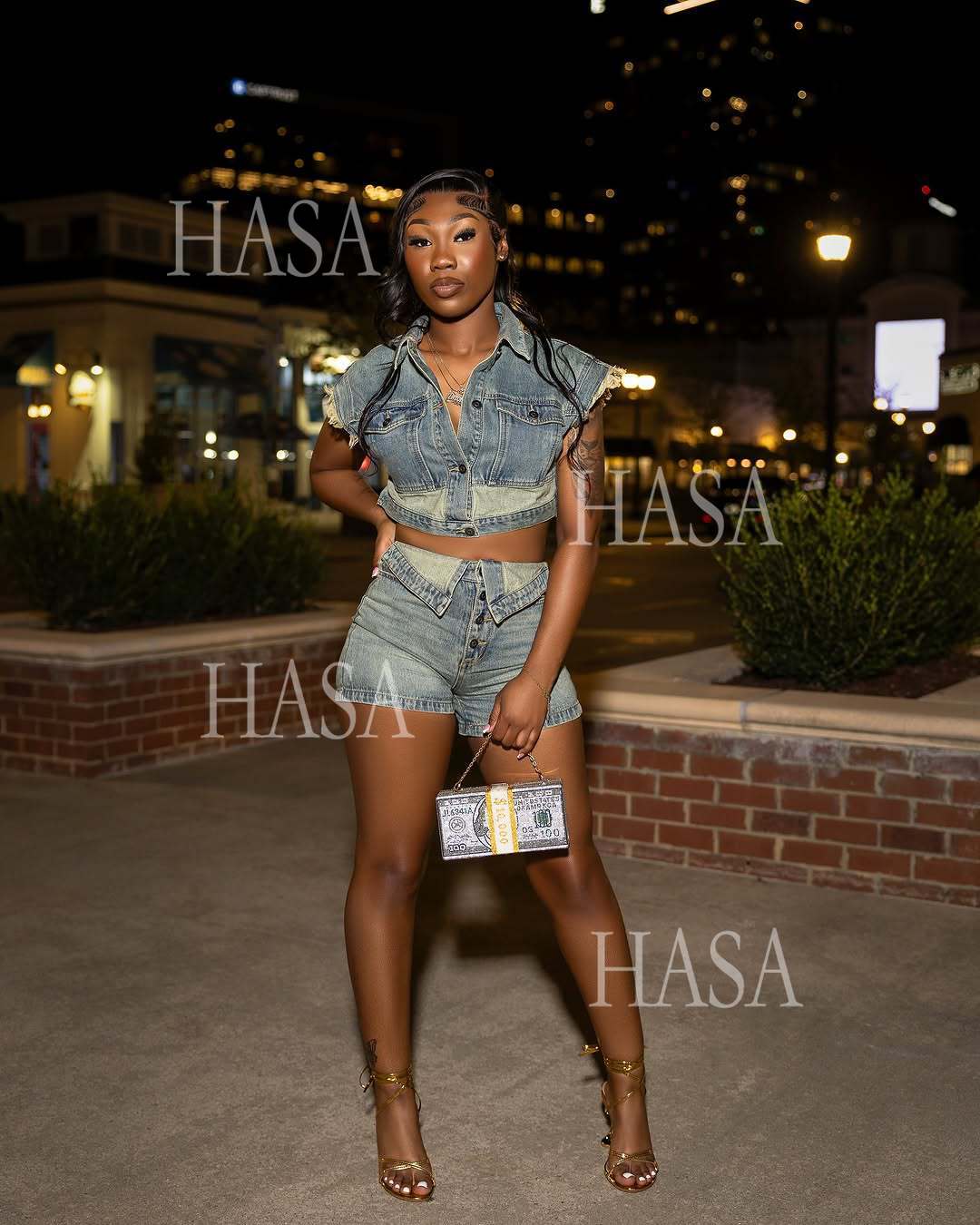 HASA HS6275 Cool Streetwear Denim Two Piece Shorts Set with Cropped Top