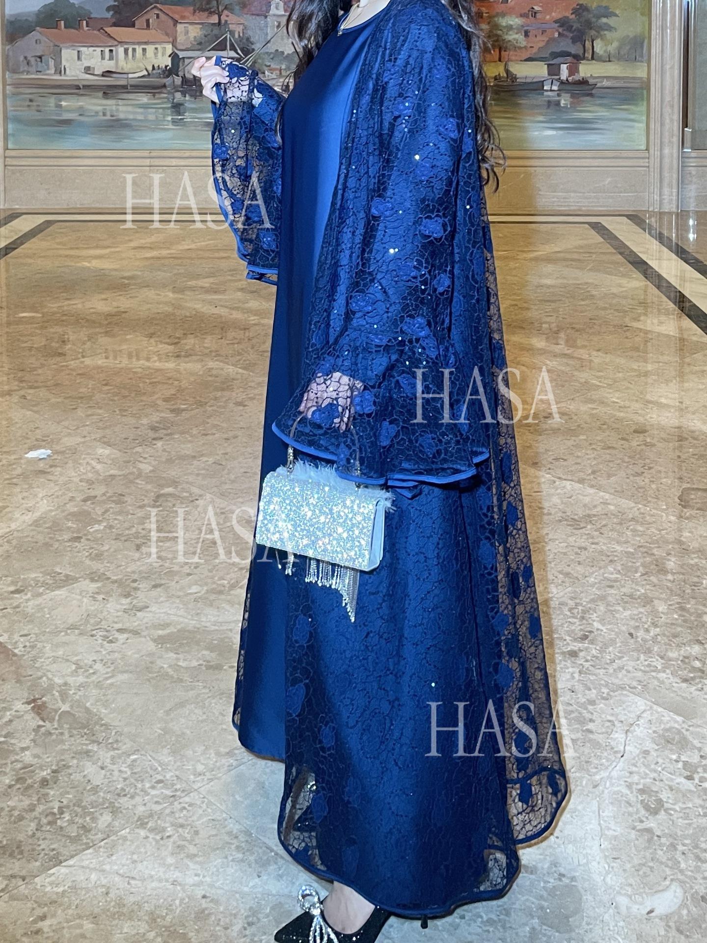HS6488 Two-piece long dress with flared sleeves and lace sequined cape