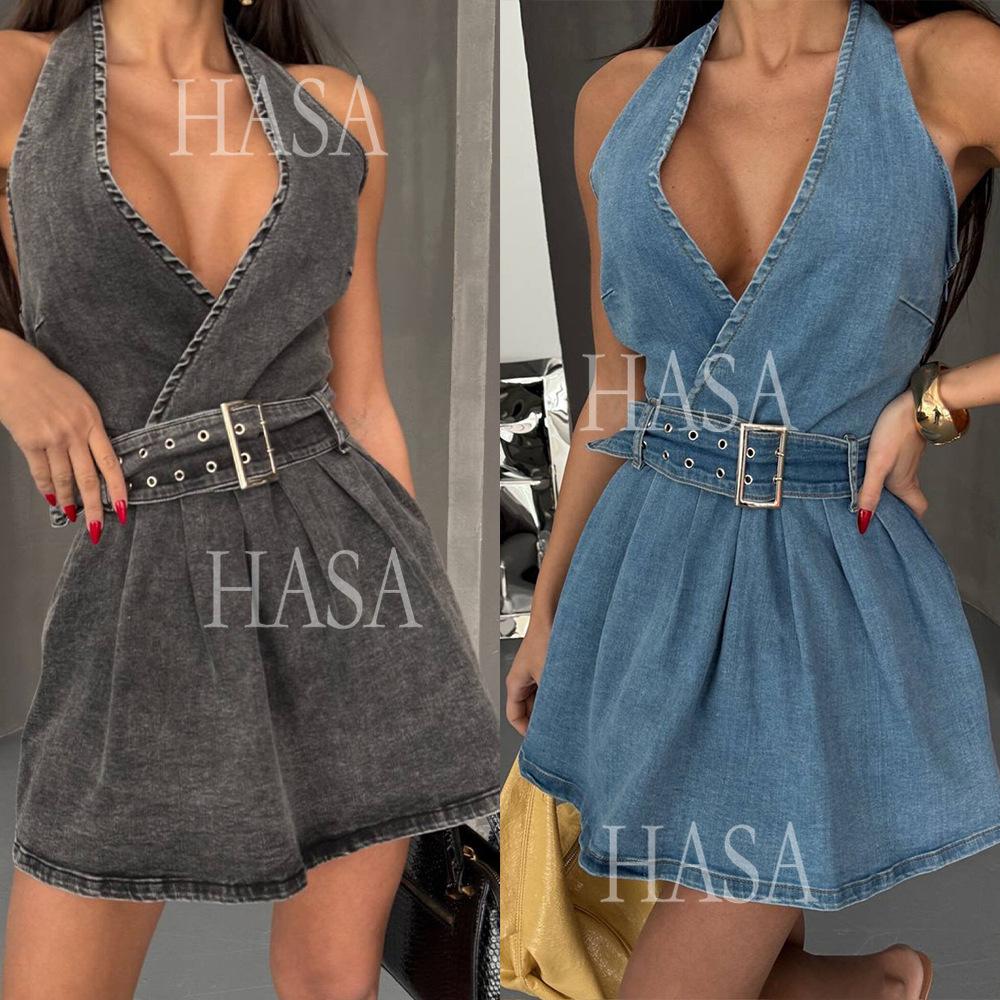 HASA HS6792 Chic Flared Denim Mini Dress with Wide Waist Belt
