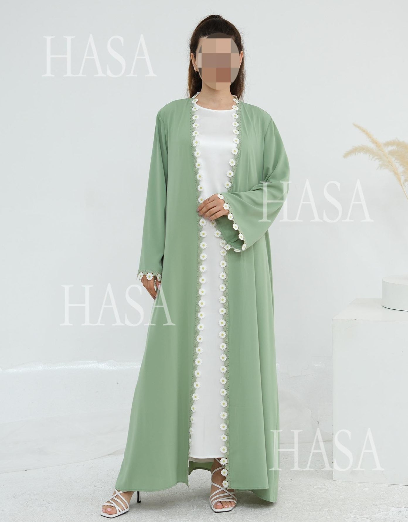 HS6616 Green Flower Stitching Cardigan Two-Piece Set (Including Headscarf)