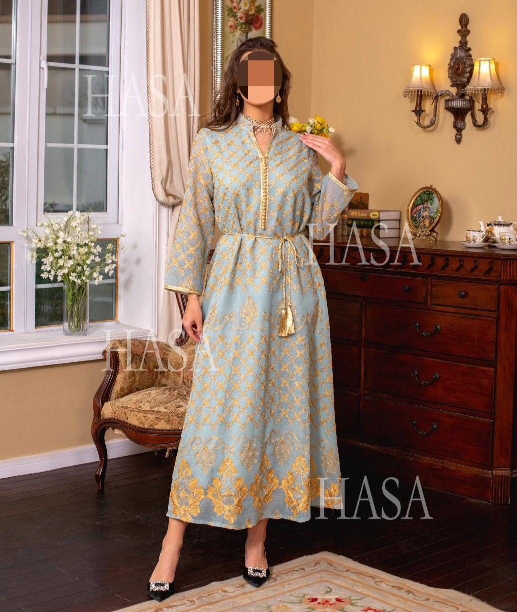 HS6640 Elegant Openwork Embroidered Abaya Long Dress