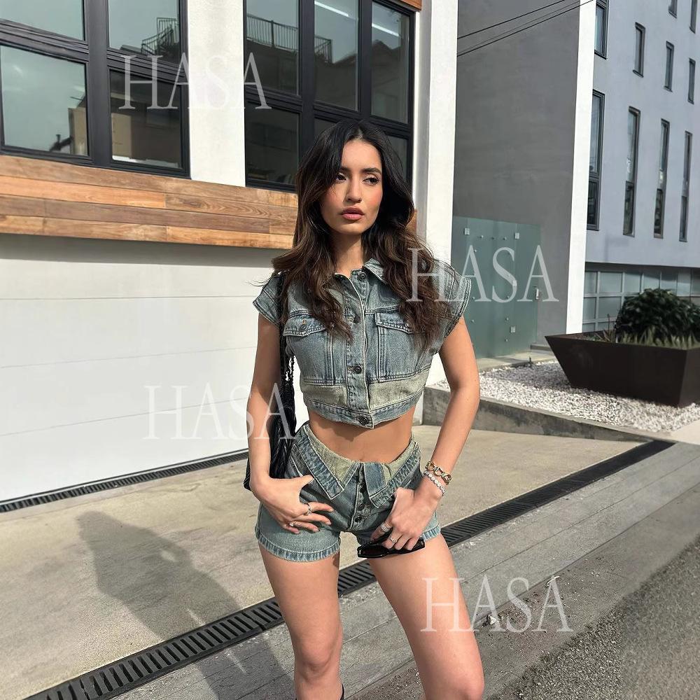HASA HS6275 Cool Streetwear Denim Two Piece Shorts Set with Cropped Top