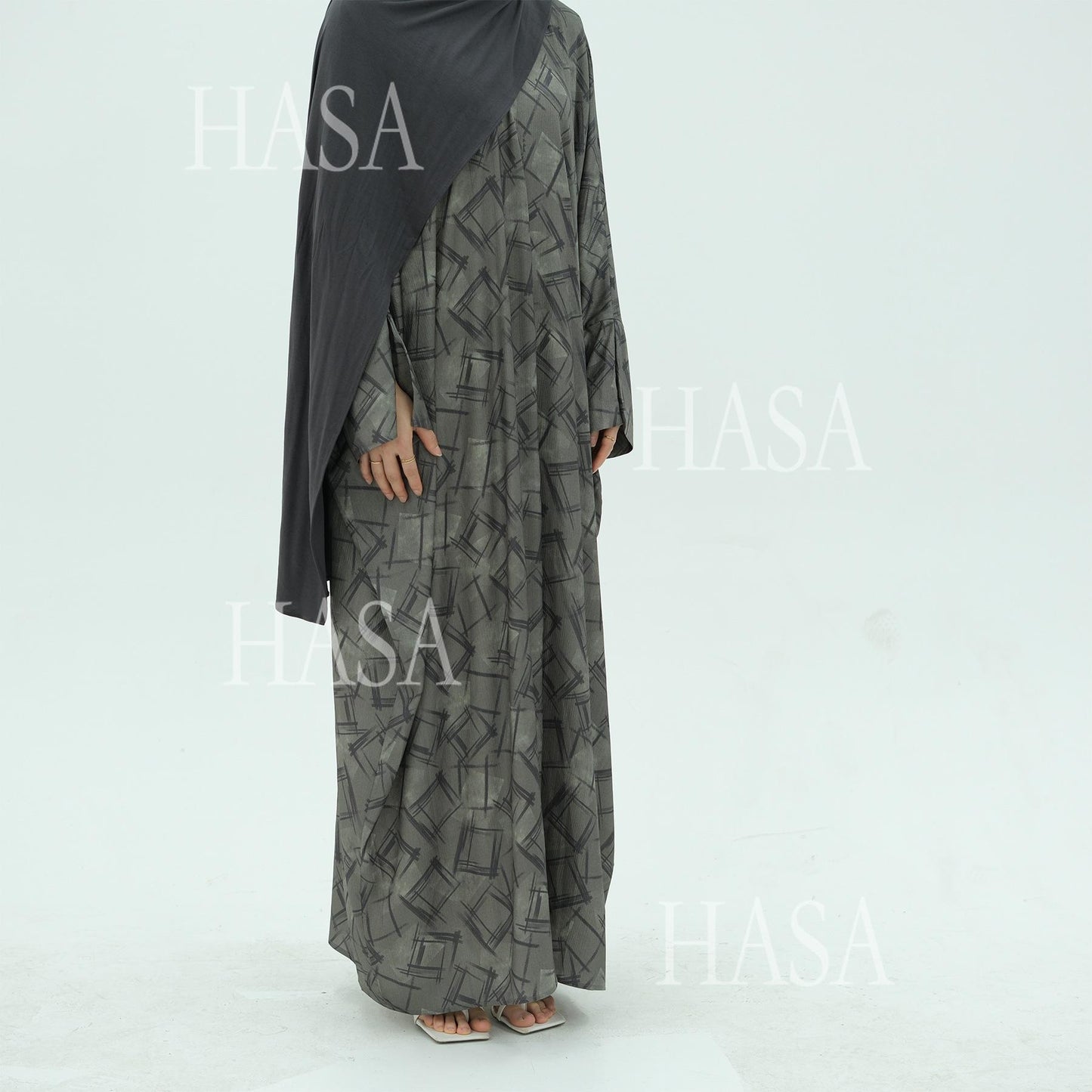HS6504 Grey geometric print long cardigan Abaya (headscarf not included)
