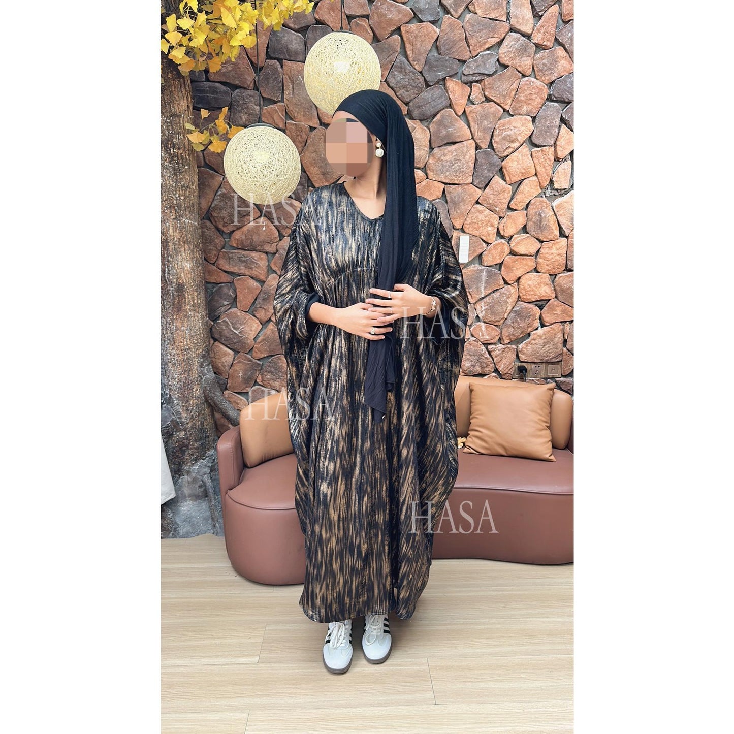 HS6566 Long-sleeved Printed Batwing Sleeve Loose Dress