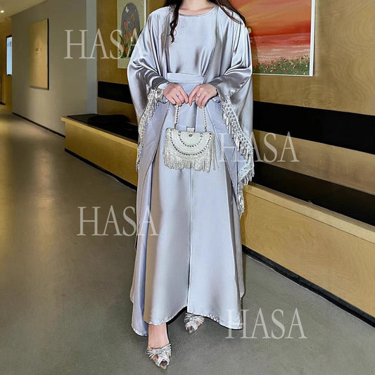 HS6572 Abaya Tassel-Embellished Long Dress Set