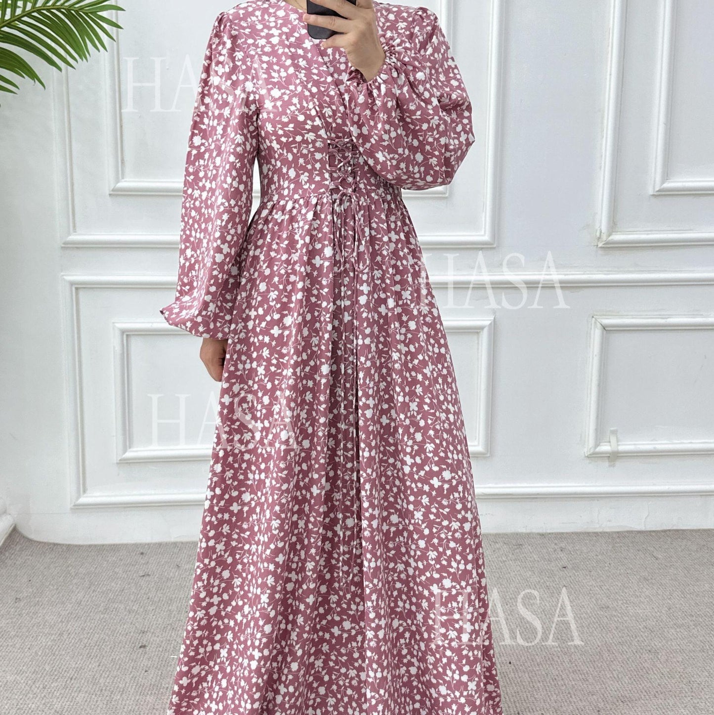 HS6489 Long-sleeved Floral Maxi Dress with Natural Waist