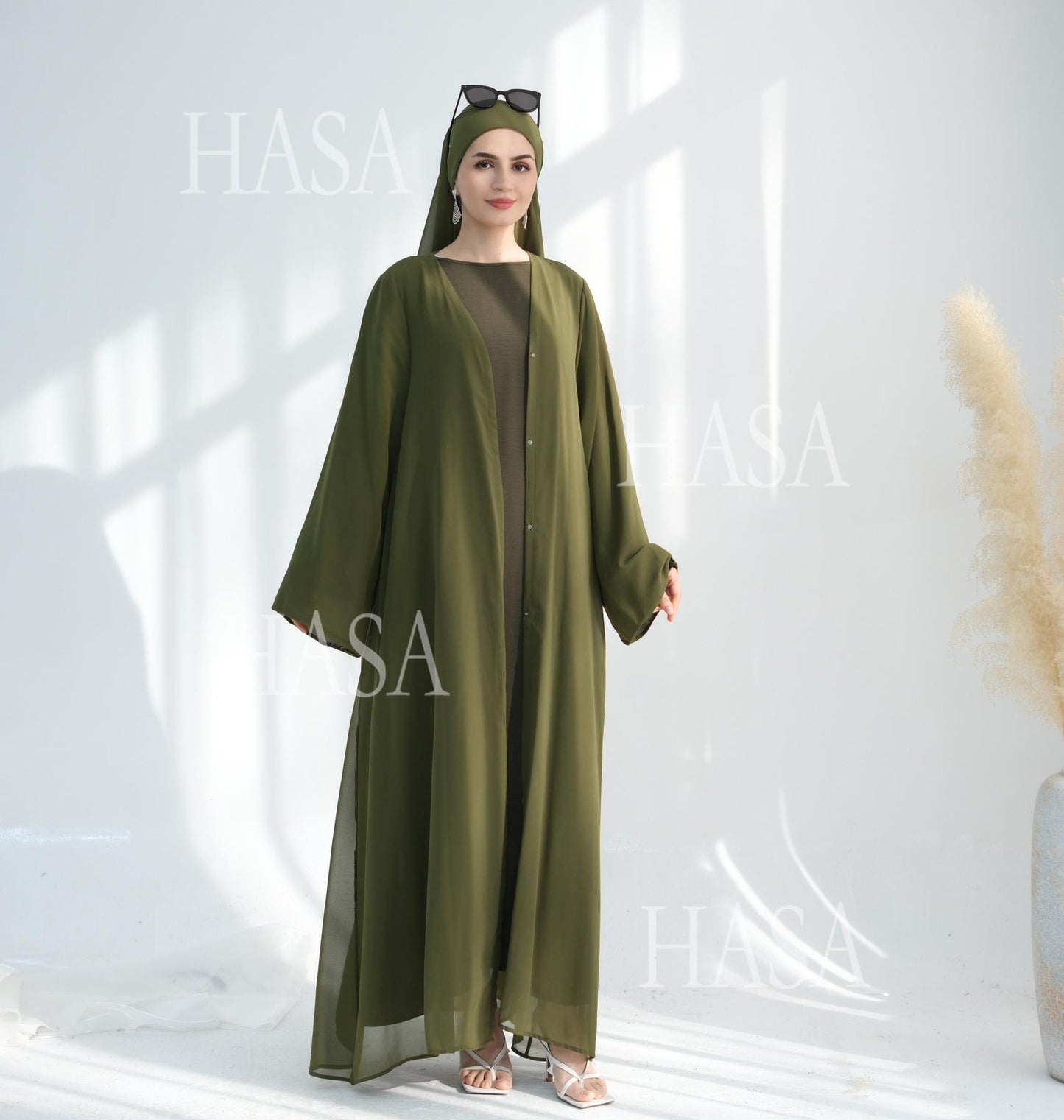 HS6513 Double-layered sleeve chiffon cardigan two-piece robe abaya (headscarf not included)