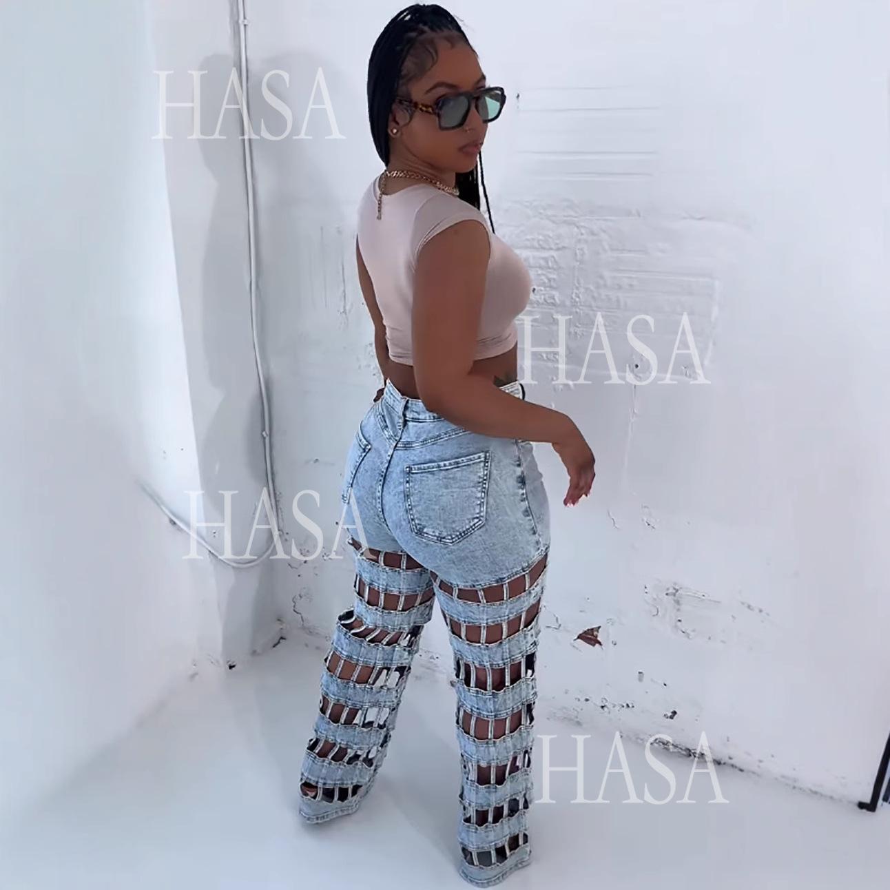 HASA HS6778 Statement High Waist Denim Pants with Cutout Leg Detail