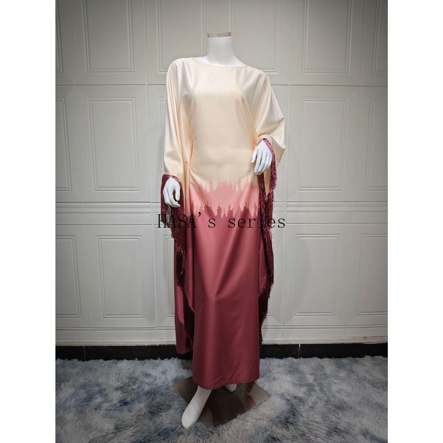 HS5095 Romantic Gradient Fringed Robe, Elegant Printed Long Dress