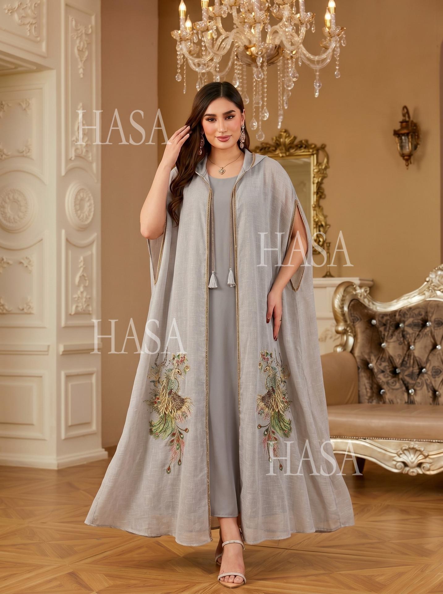 HASA HS6763 Elegant Tassel Hooded Maxi Ensemble