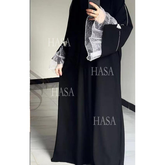 HASA's series HS6563 Elegant Lace Paneled Bow Cuff Robe Dress