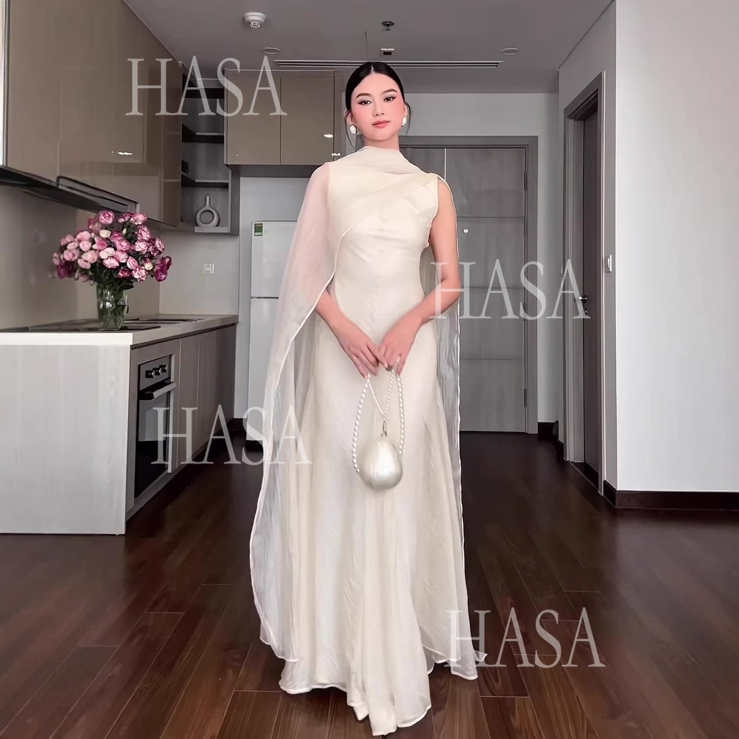 HS6742 Luxury High Neck Cape Dress Flowy Floor-Length Evening Maxi Gown