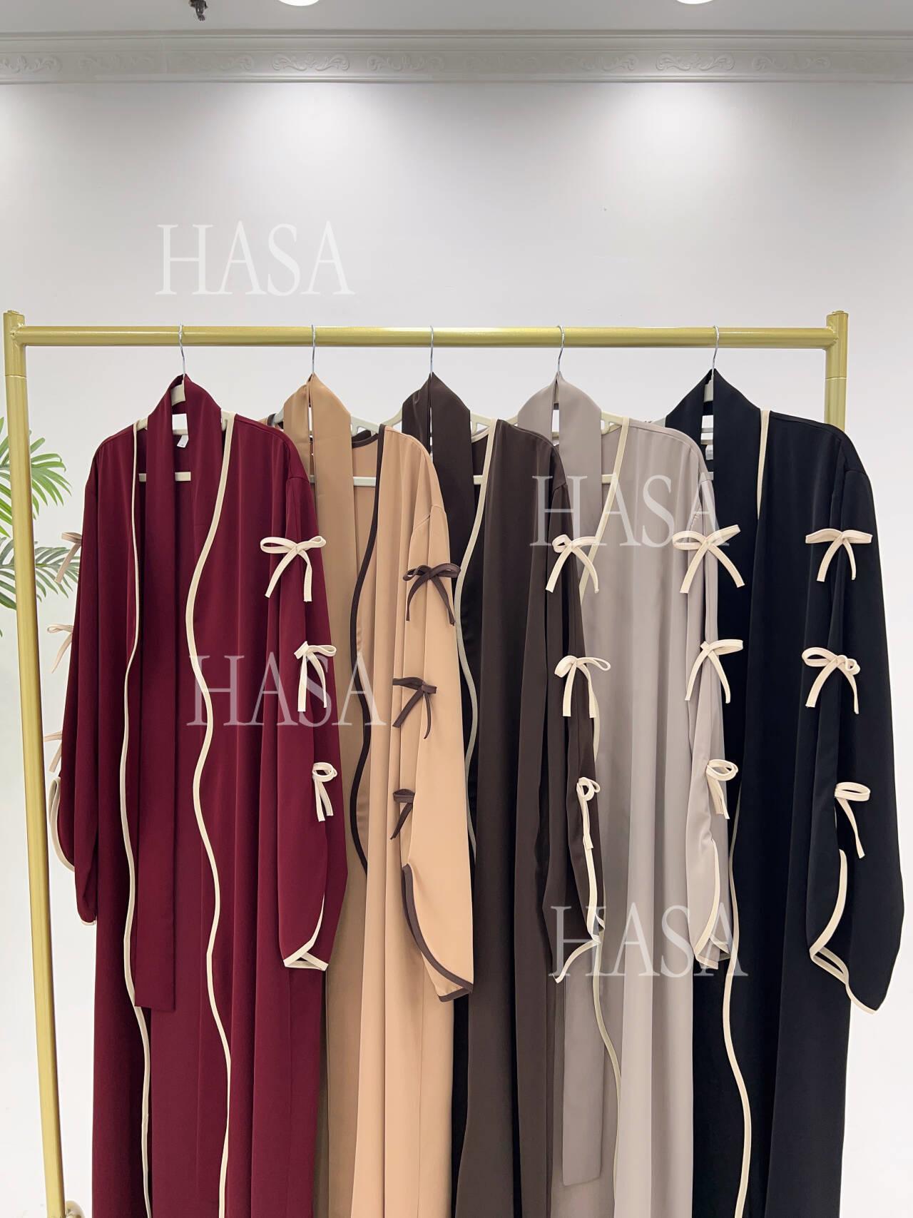 HS5883  A Two-piece Robe and Skirt Set with A Soft Bow and A Belt Design open abaya outfit