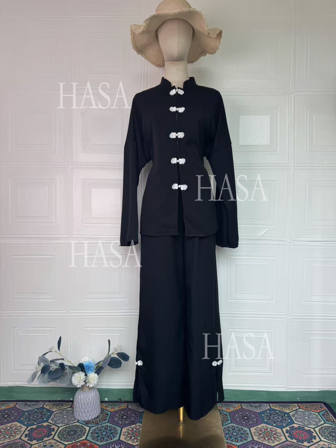 HS6738 Chic Long Sleeve Matching Set with Flowy Pants