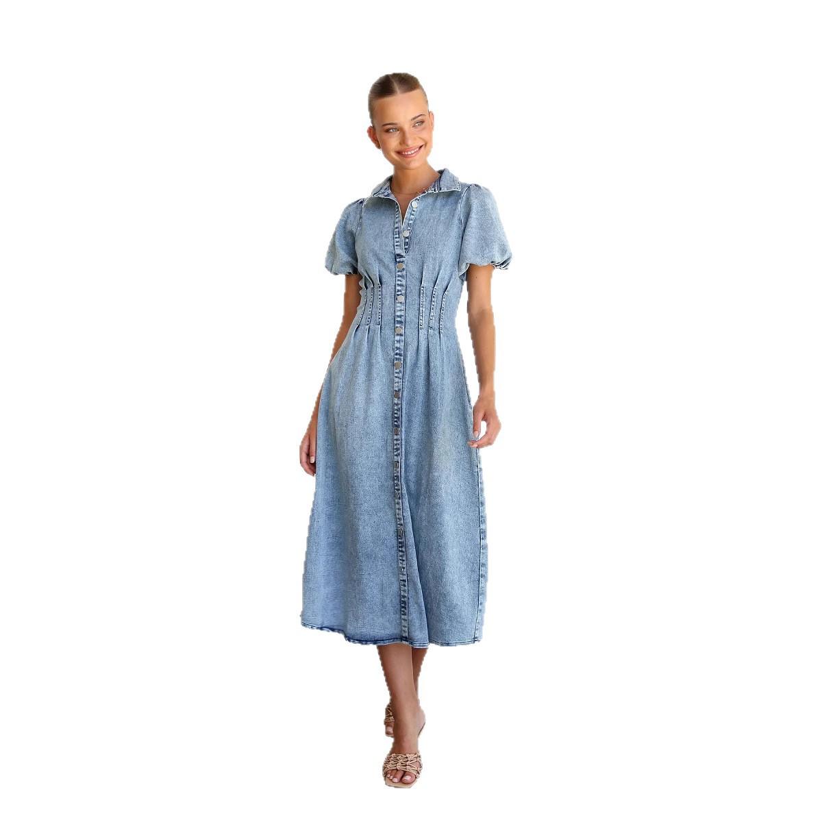 HASA HS6797 Elegant Puff Sleeve Denim Maxi Dress