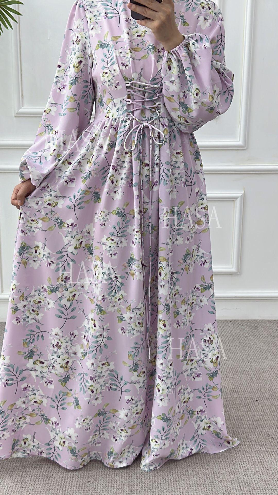 HS6489 Long-sleeved Floral Maxi Dress with Natural Waist