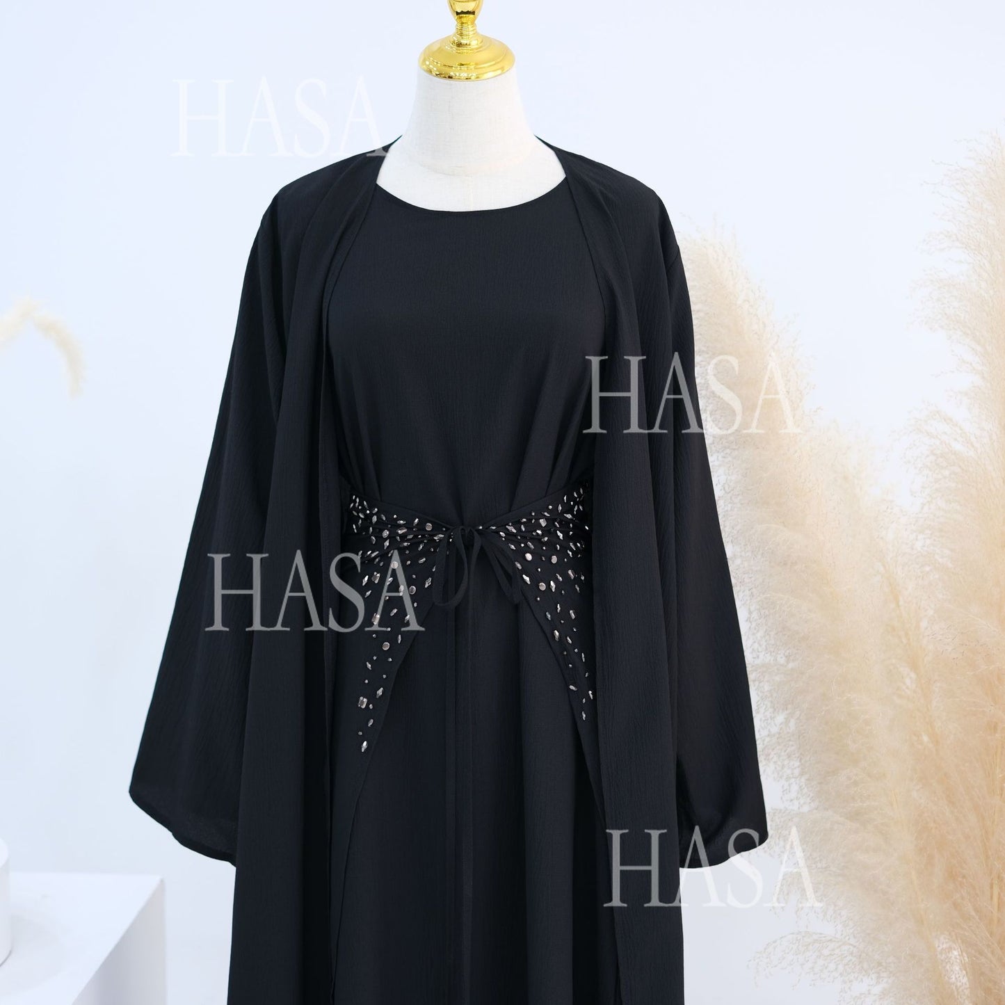 HS6578 Women's Solid Color Three-piece Robe Set (long Skirt + Skirt + Cardigan Jacket)