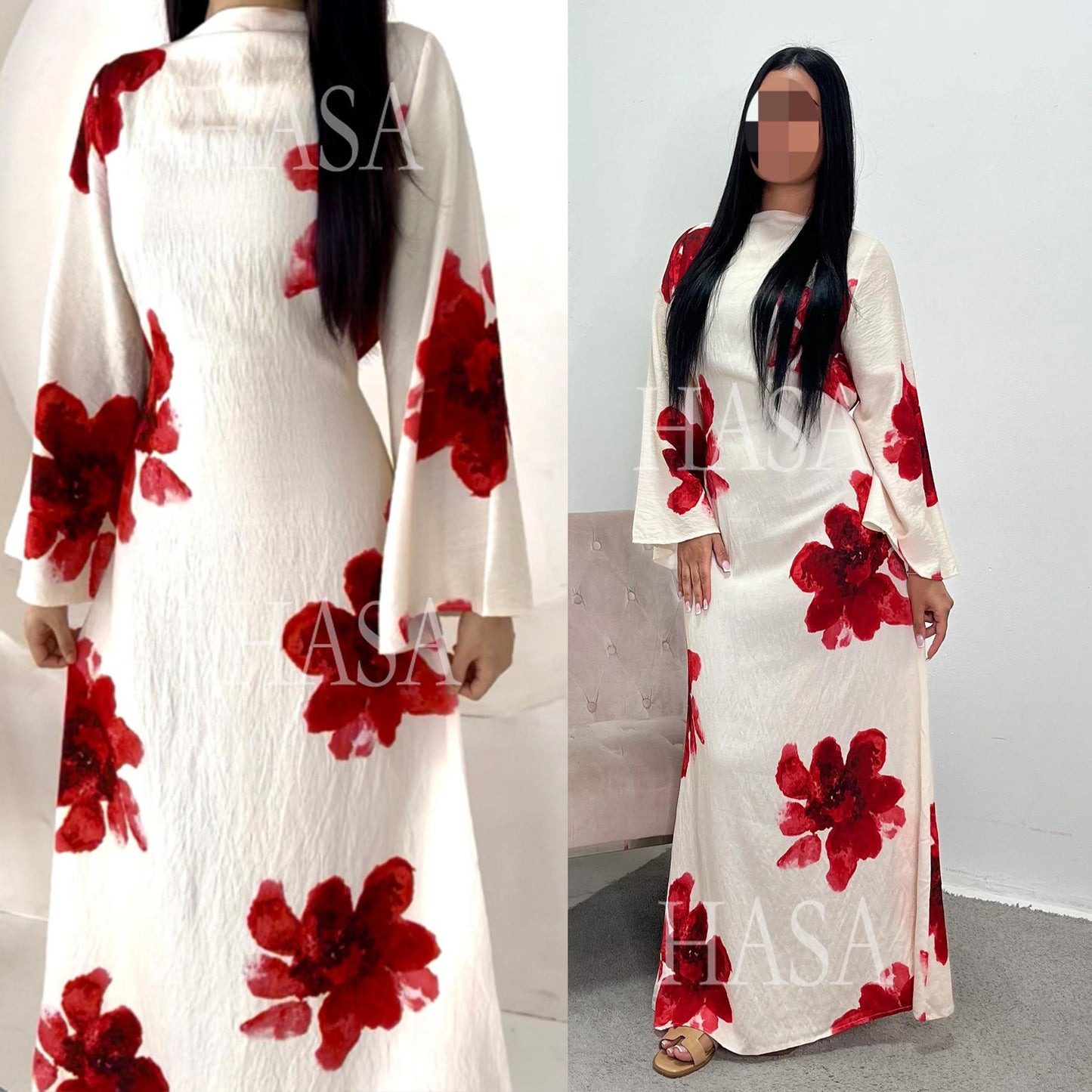HS6503 Long-sleeved Waist-length Printed Dress (one Piece)