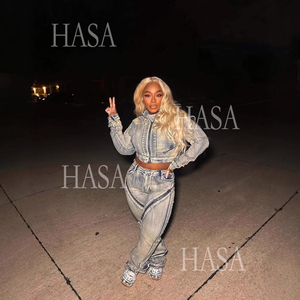 HASA HS6291 Statement Washed Denim Two Piece Outfit with Zip Jacket Detail