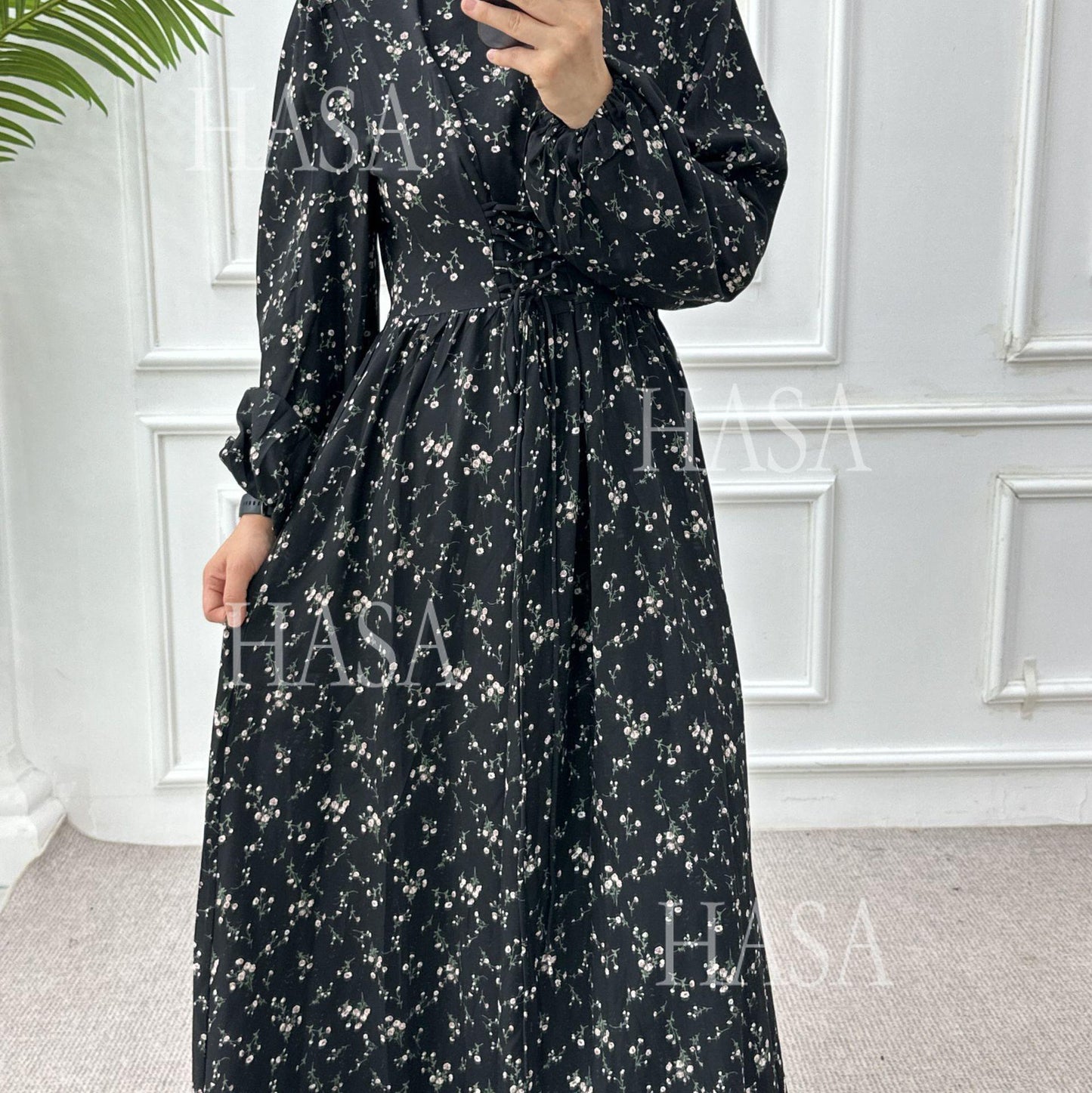 HS6489 Long-sleeved Floral Maxi Dress with Natural Waist