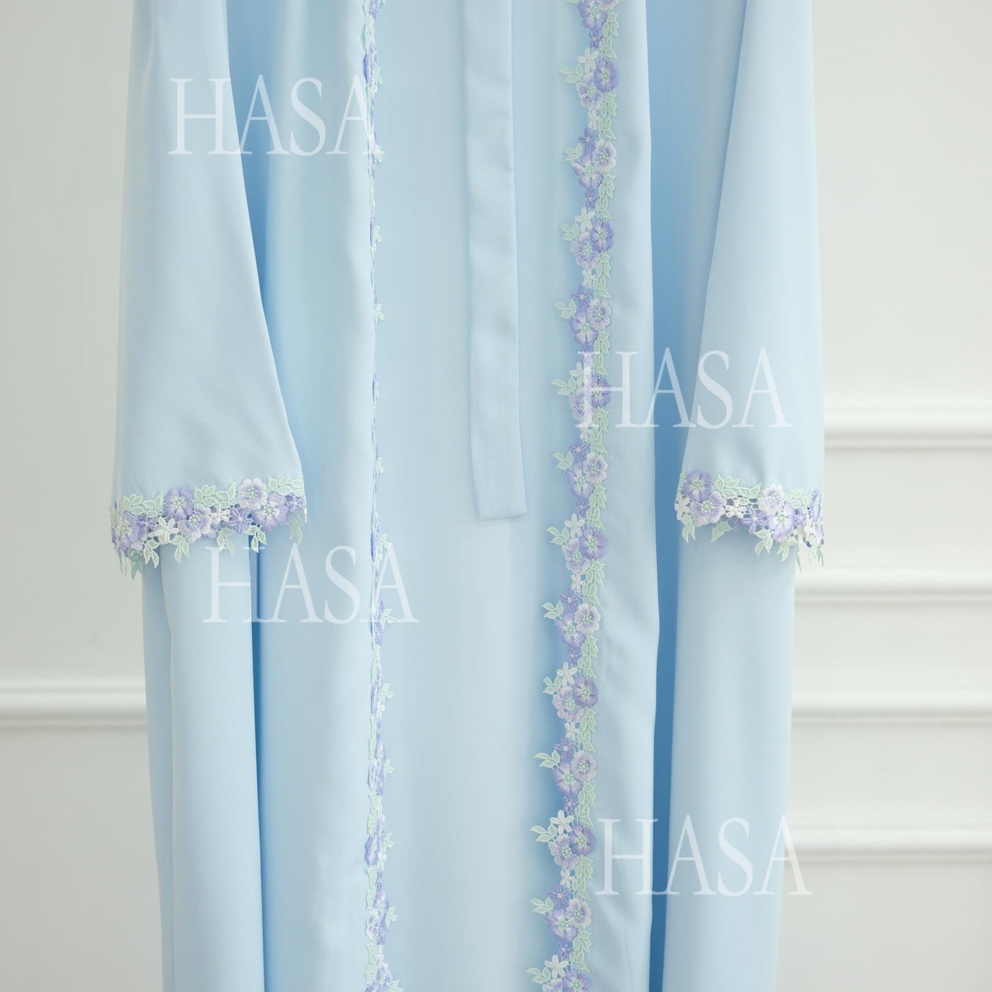 HS6562 Blue Bow Embroidered Abaya Tunic Cardigan