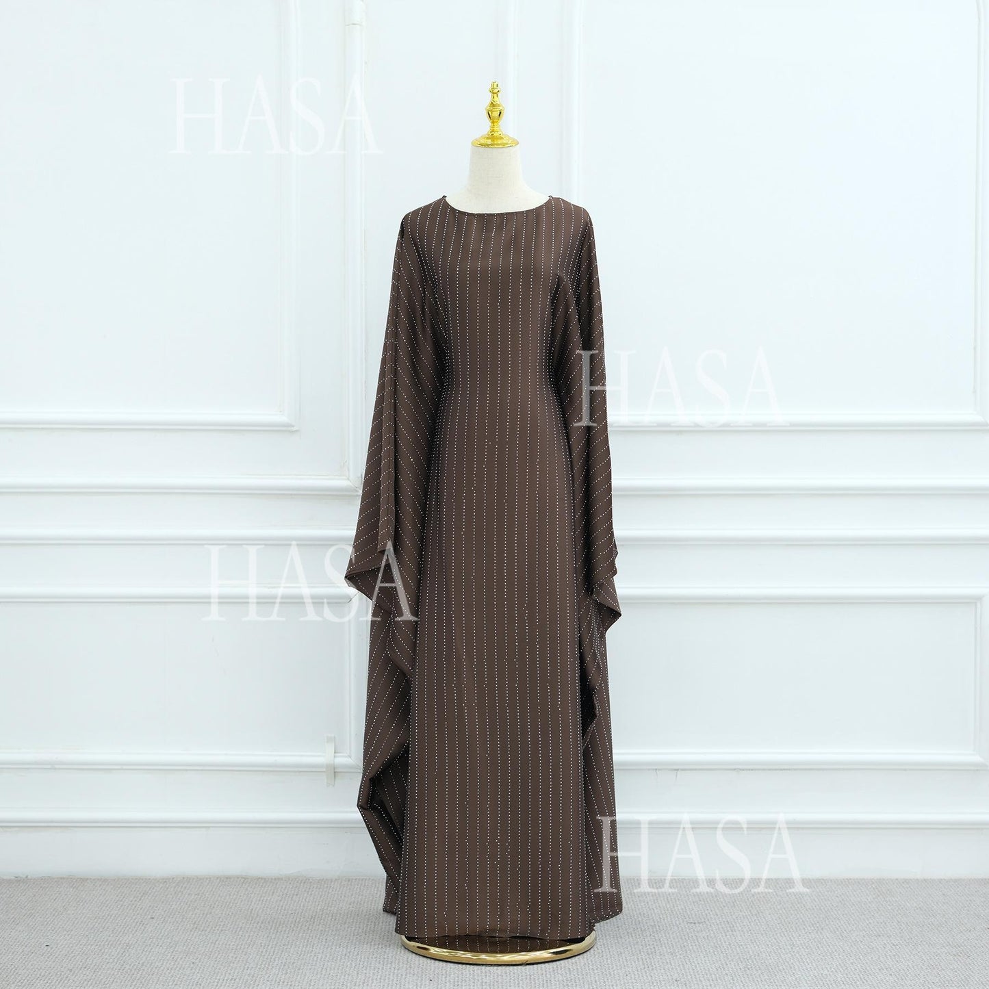 HS6483 Drape Rhinestone Gown with Simple Wide Sleeves