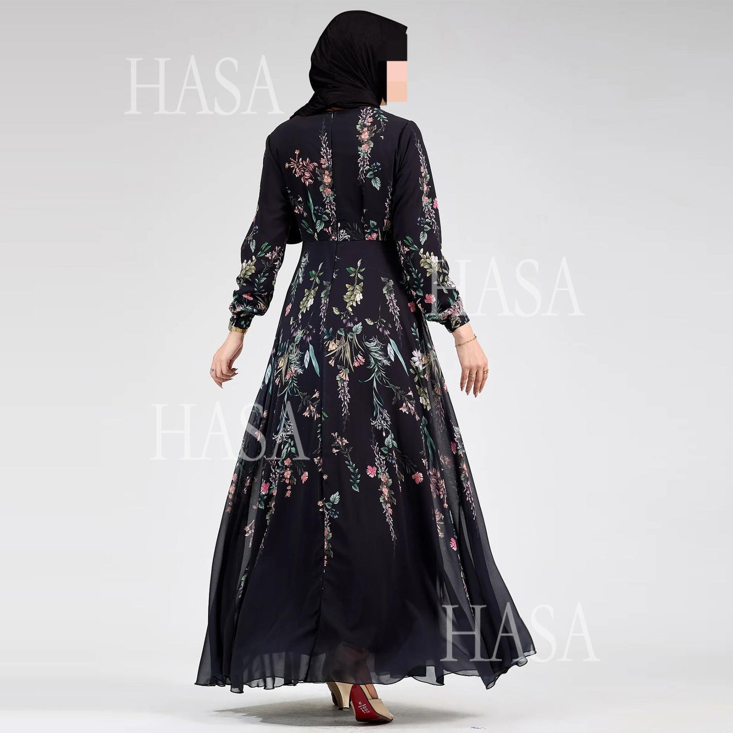 HS6531 Chiffon Printed Ankle-Length Maxi Dress with Long Sleeves