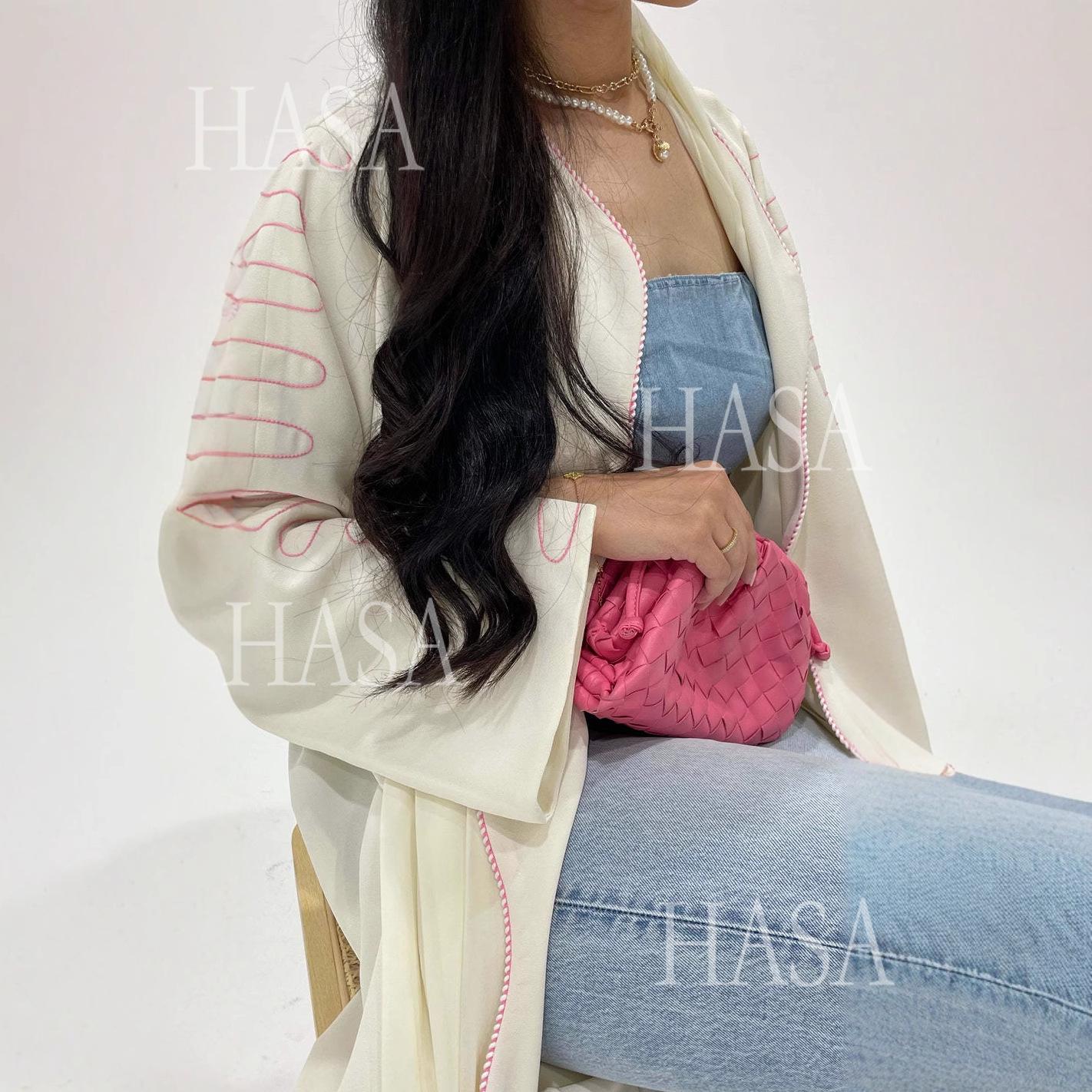 HASA's Series HS6582 Abaya Women's Long Embroidered Cardigan Jacket with Wavy Edges
