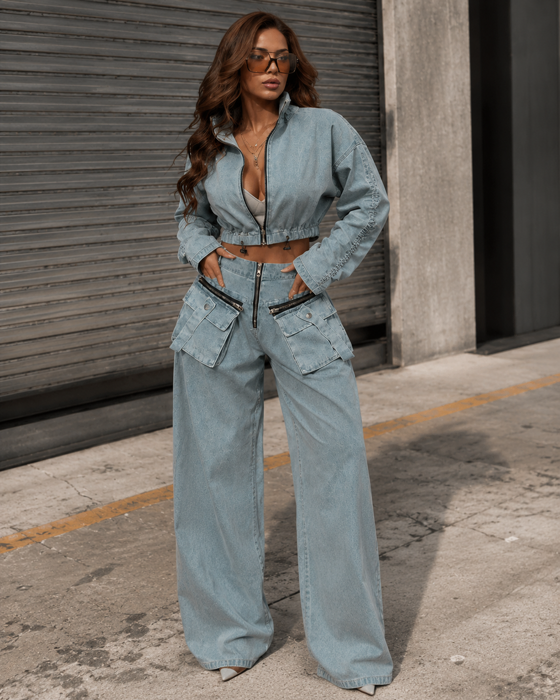 Streetwear denim two piece set with utility pockets