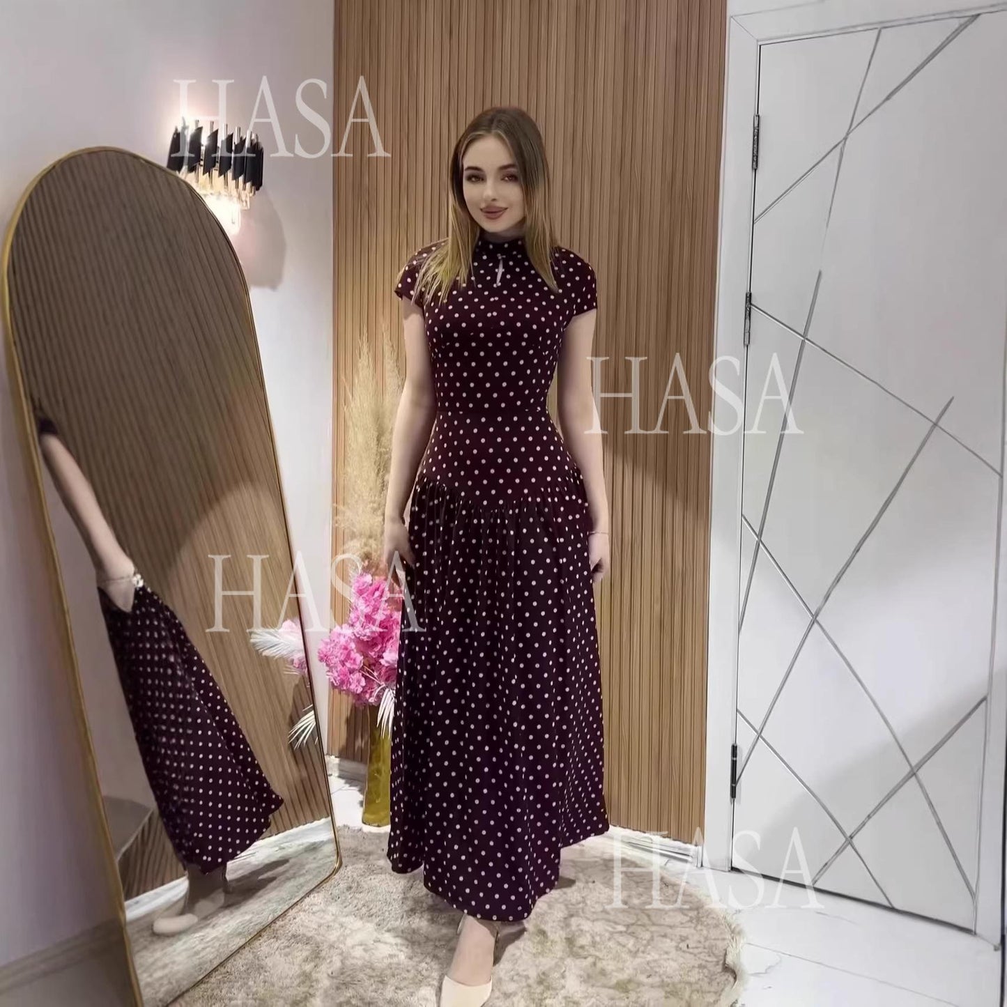 HS6740 Chic Polka Dot Long Dress High Neck Short Sleeve Waisted Maxi Dress